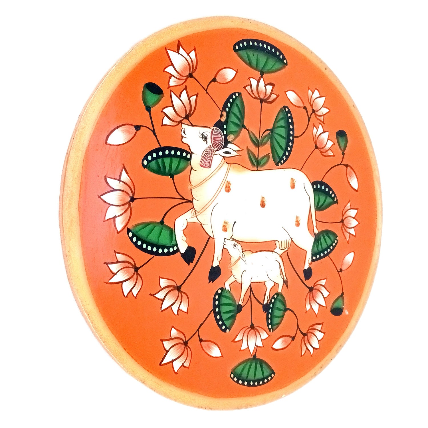 Wall Plate | Wooden Wall Hanging Plates - Pichwai Cow Wall Art - For Home Decor, Living Room, Bedroom, Office | Gift for Wedding, Housewarming & Festivals - 10 Inch - Apkamart #Colour_Orange