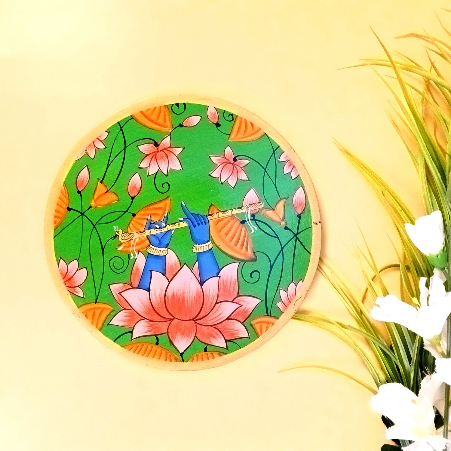 Wall Plate | Wooden Wall Hanging Plates - Lotus Design With Krishna Bansuri - For Home Decor, Living Room, Bedroom | Gift for Wedding, Housewarming - 10 Inch - Apkamart #Colour_Green