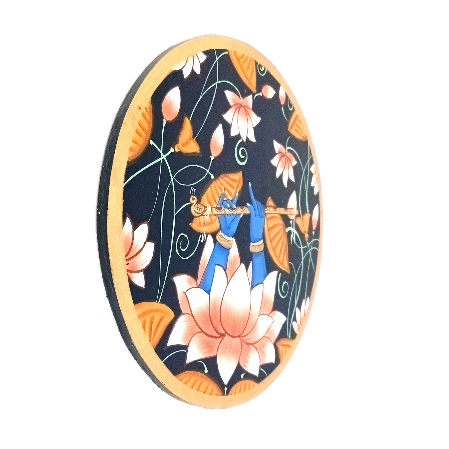 Wall Plate | Wooden Wall Hanging Plates - Lotus Design With Krishna Bansuri - For Home Decor, Living Room, Bedroom | Gift for Wedding, Housewarming - 10 Inch - Apkamart #Colour_Black