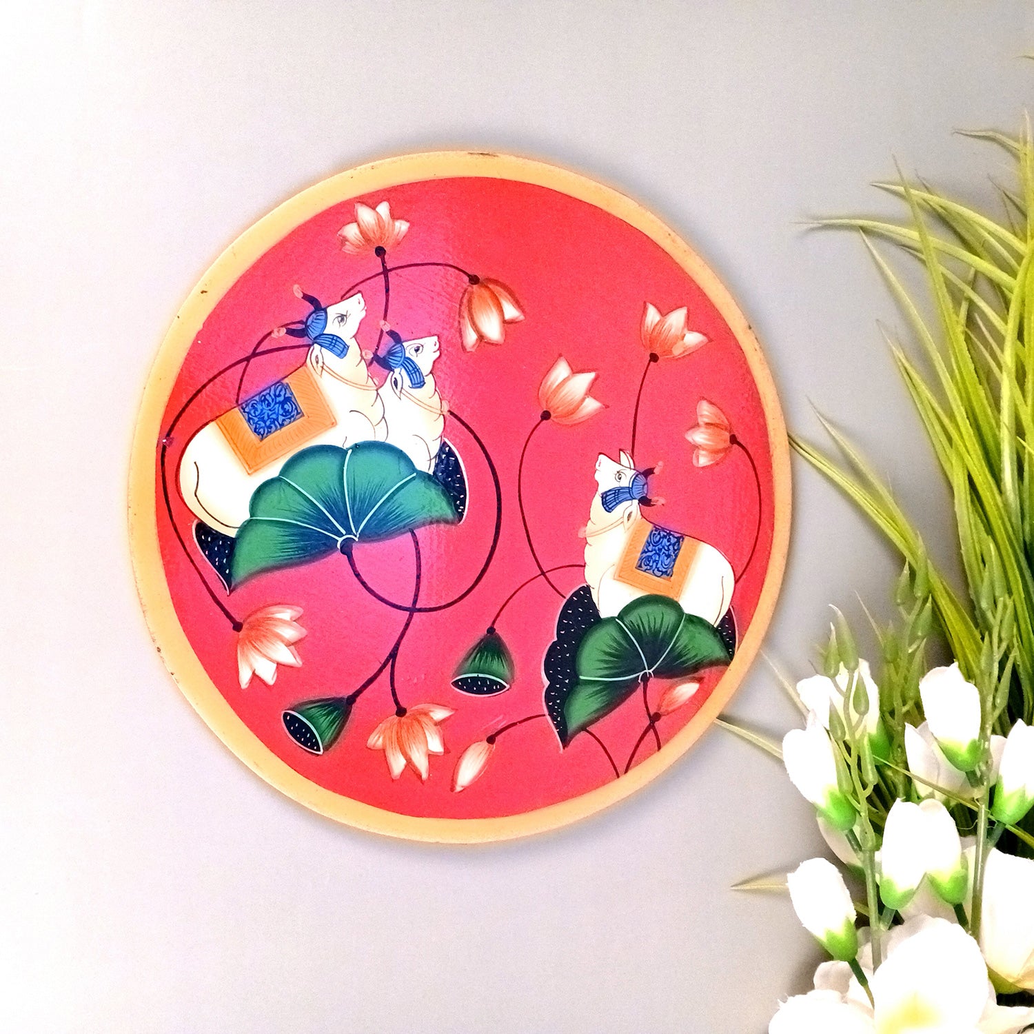 Wall Plate | Wooden Wall Hanging Plates - Pichwai Cow Wall Art - For Home Decor, Living Room, Bedroom, Office | Gift for Wedding, Housewarming, Festivals - 10 Inch - Apkamart #Colour_Red