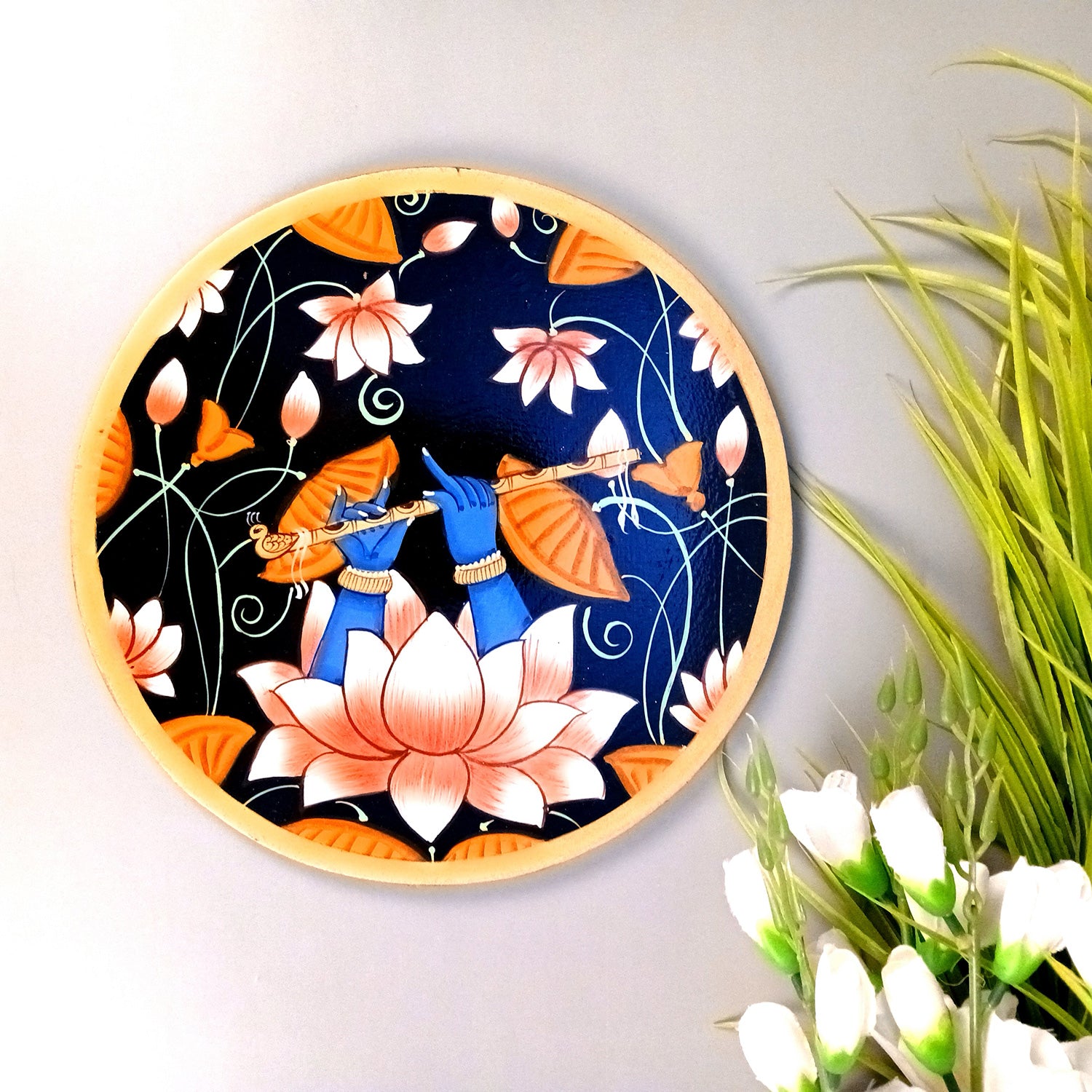 Wall Plate | Wooden Wall Hanging Plates - Lotus Design With Krishna Bansuri - For Home Decor, Living Room, Bedroom | Gift for Wedding, Housewarming - 10 Inch - Apkamart #Colour_Black