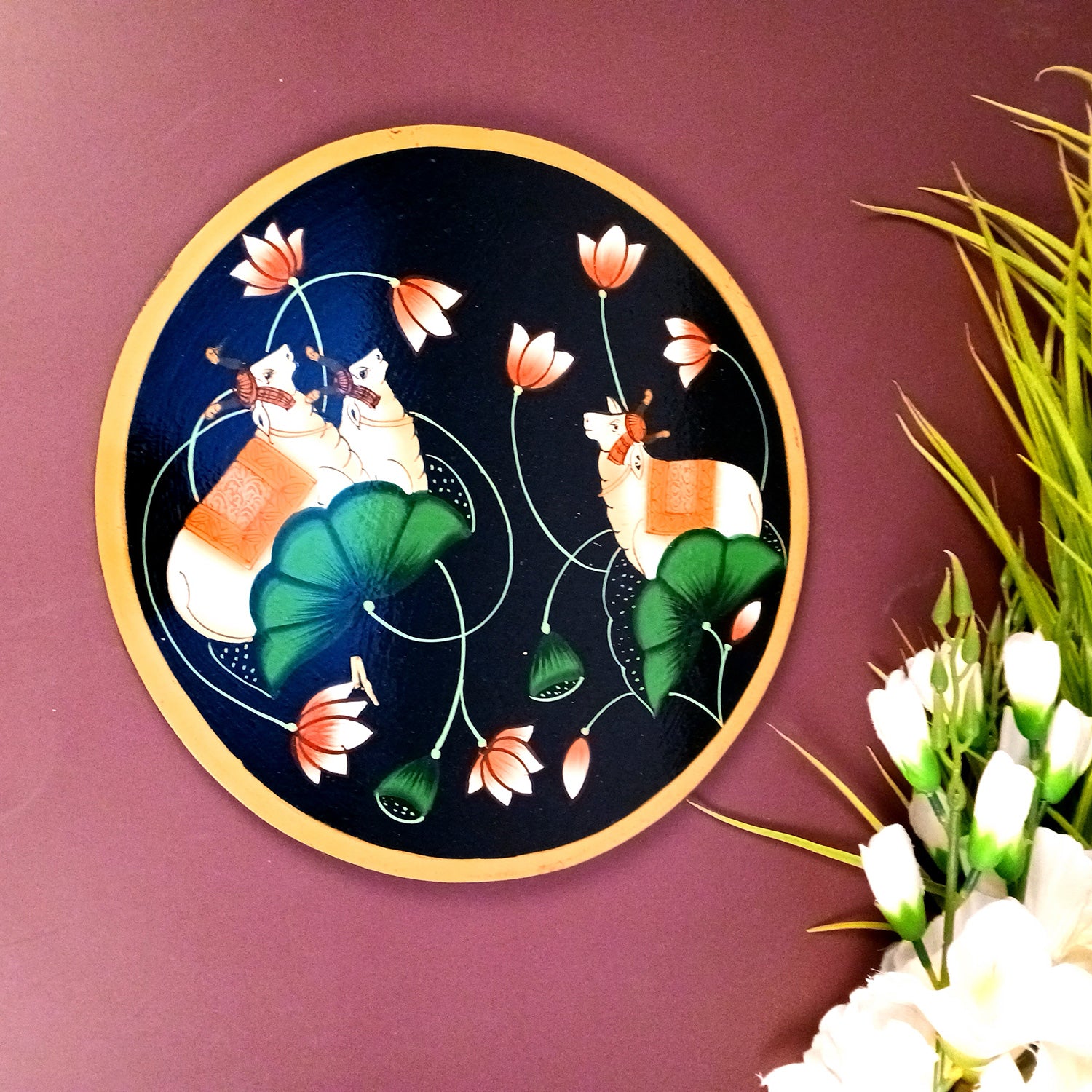 Wall Plate | Wooden Wall Hanging Plates - Pichwai Cow Wall Art - For Home Decor, Living Room, Bedroom, Office | Gift for Wedding, Housewarming, Festivals - 10 Inch - Apkamart #Colour_Blue