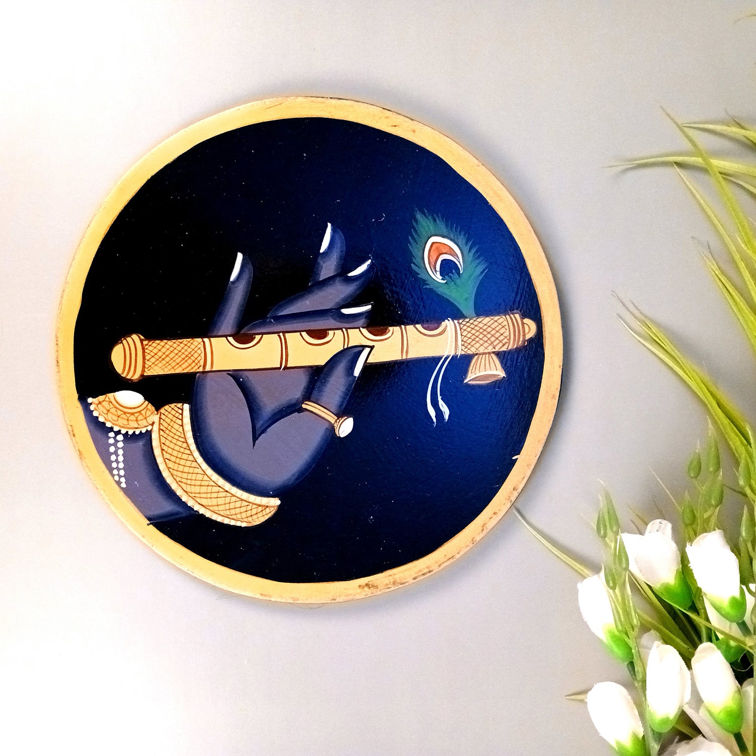 Wall Plate | Wooden Pichwai Wall Hanging Plates - Krishna Bansuri In Hand Wall Art - For Home Decor, Living Room, Office | Gift for Housewarming, Festivals - 10 Inch - Apkamart #Colour_Black