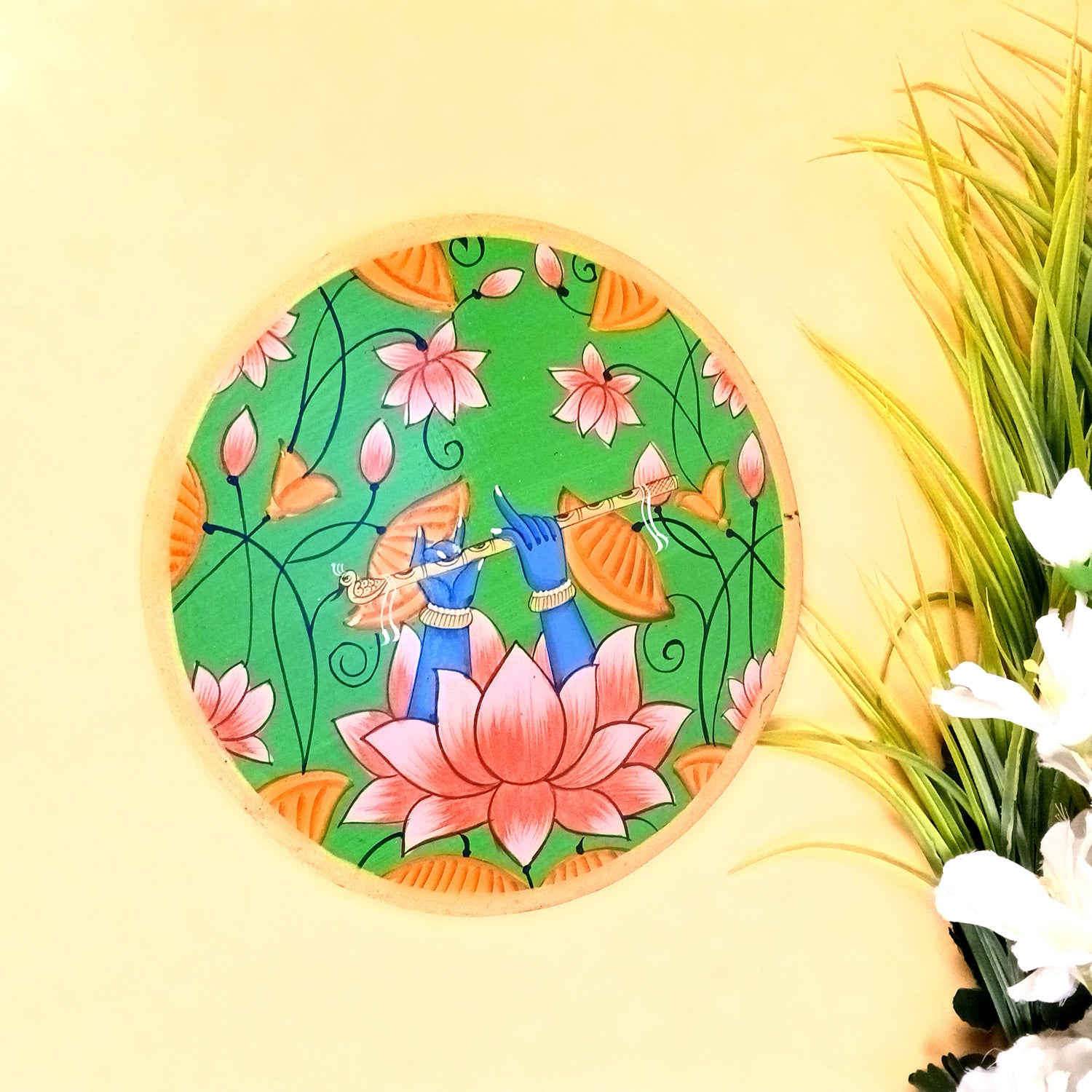 Wall Plate | Wooden Wall Hanging Plates - Lotus Design With Krishna Bansuri - For Home Decor, Living Room, Bedroom | Gift for Wedding, Housewarming - 10 Inch - Apkamart #Colour_Green