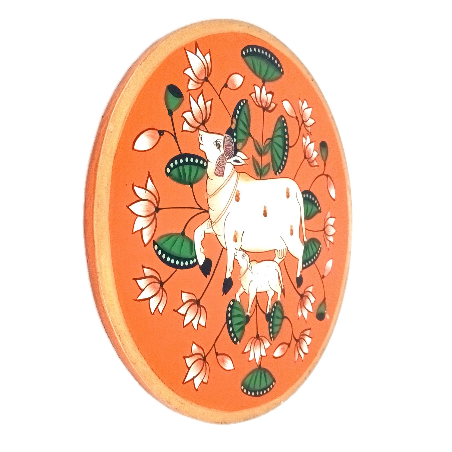 Wall Plate | Wooden Wall Hanging Plates - Pichwai Cow Wall Art - For Home Decor, Living Room, Bedroom, Office | Gift for Wedding, Housewarming & Festivals - 10 Inch - Apkamart #Colour_Orange