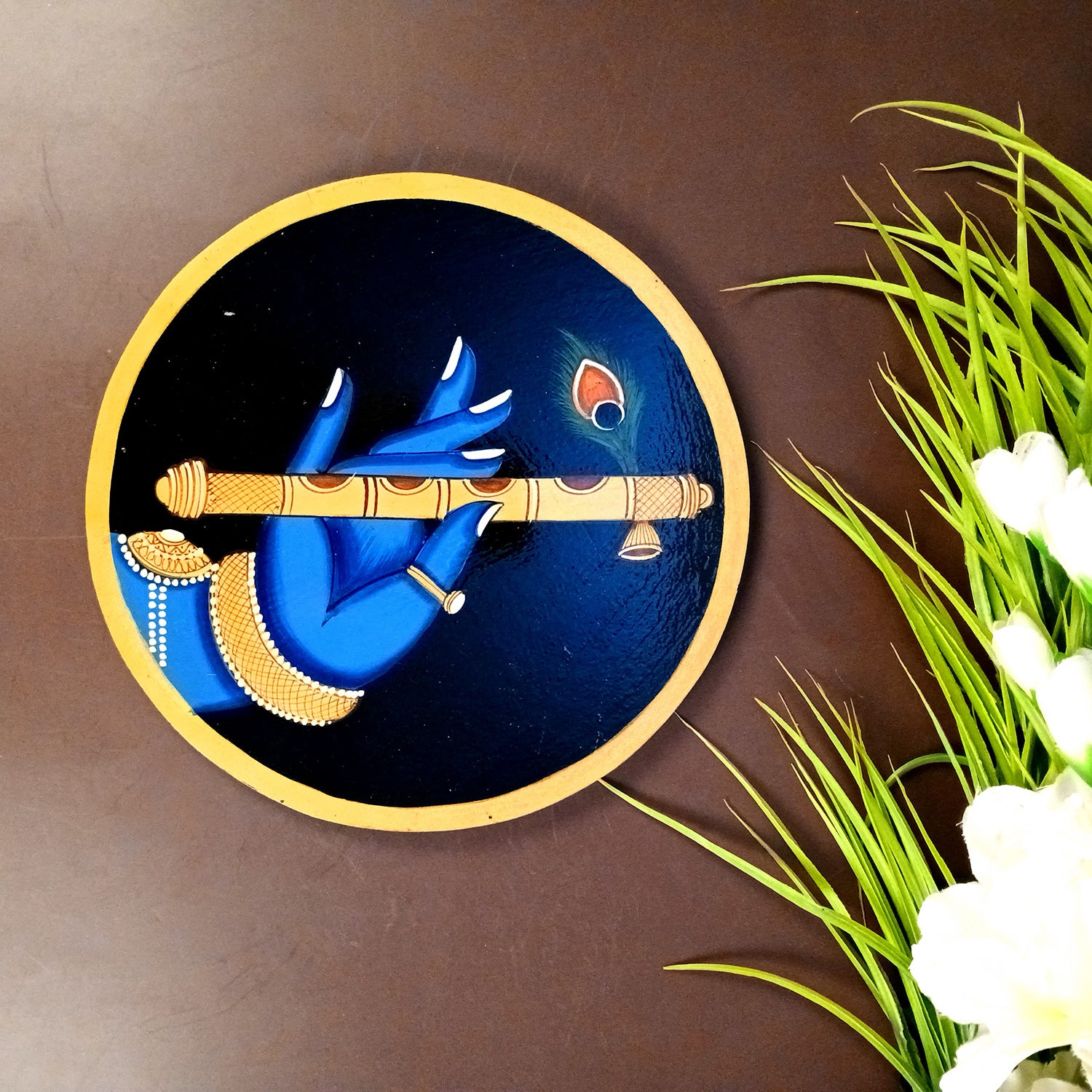 Wall Plate | Wooden Pichwai Wall Hanging Plates - Krishna Bansuri In Hand Wall Art - For Home Decor, Living Room, Office | Gift for Housewarming, Festivals - 10 Inch - Apkamart #Colour_Blue