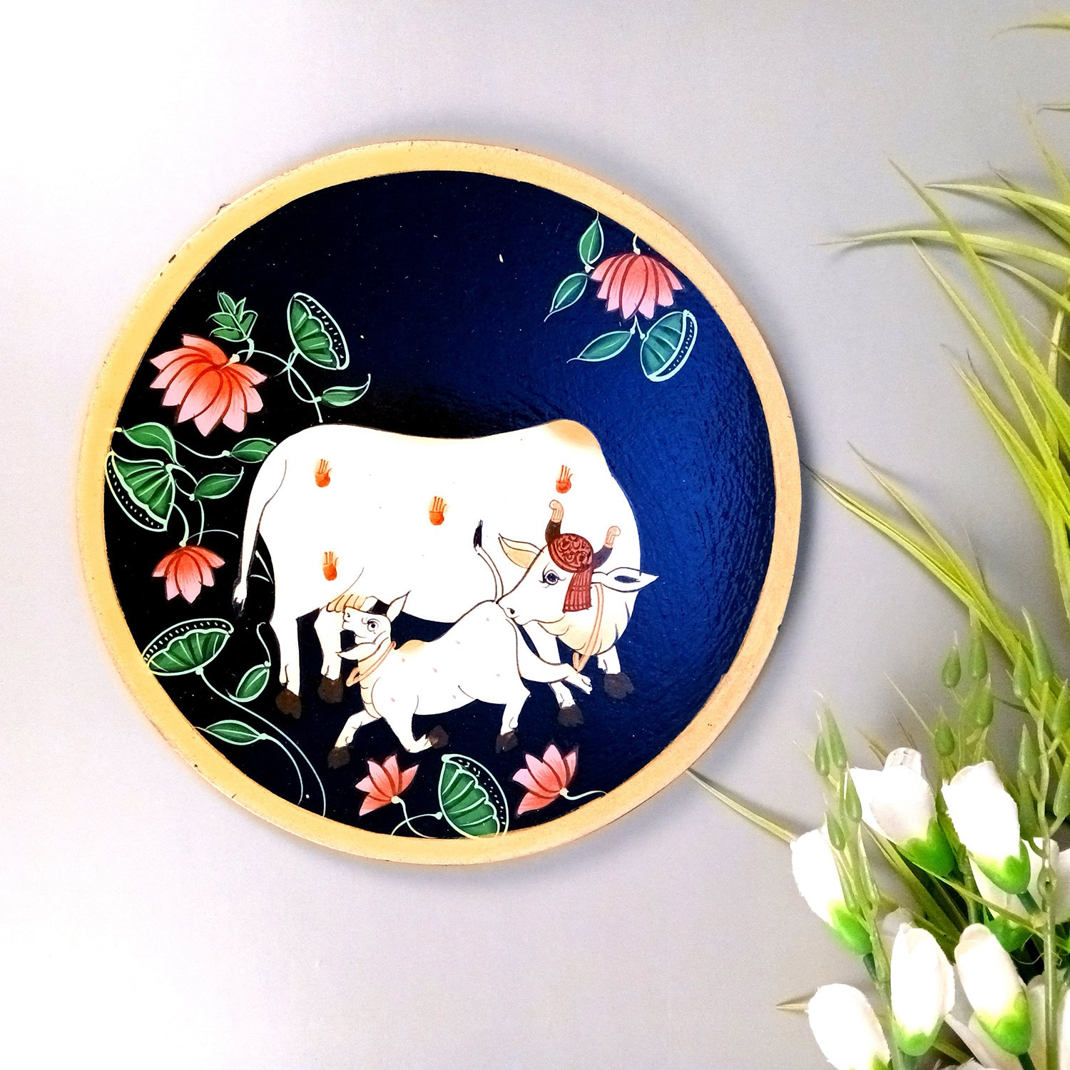 Wall Plate | Wooden Wall Hanging Plates - Pichwai Cow Wall Art - For Home Decor, Living Room, Bedroom, Office | Gift for Wedding, Housewarming - 10 Inch - Apkamart #Colour_Black