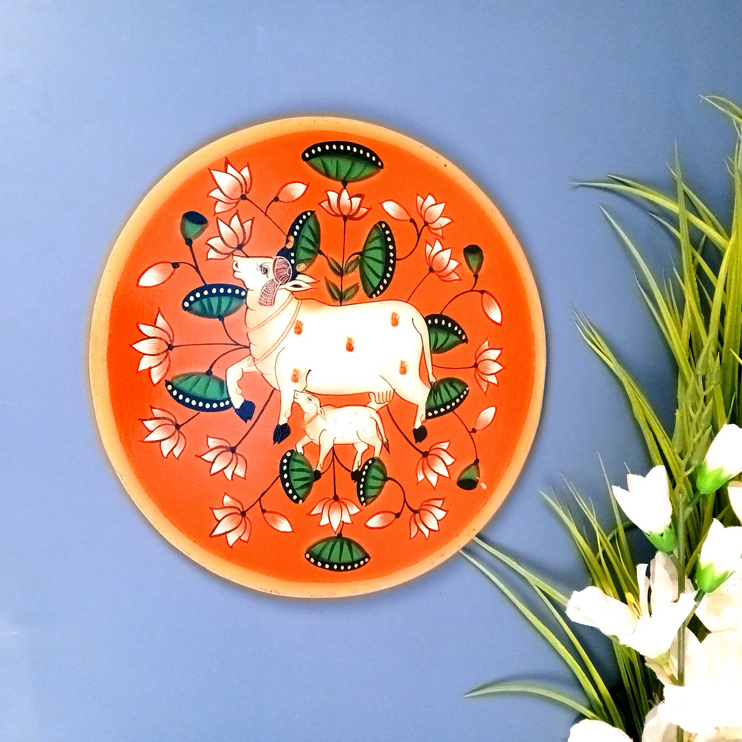 Wall Plate | Wooden Wall Hanging Plates - Pichwai Cow Wall Art - For Home Decor, Living Room, Bedroom, Office | Gift for Wedding, Housewarming & Festivals - 10 Inch - Apkamart #Colour_Orange