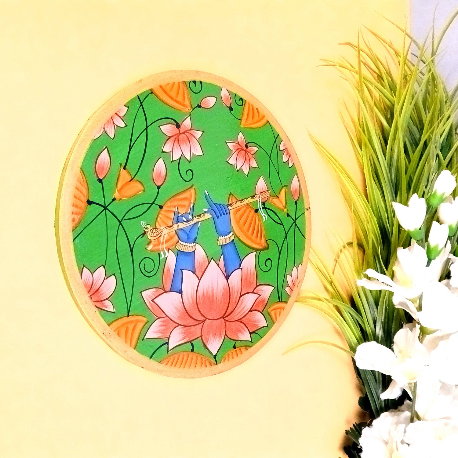 Wall Plate | Wooden Wall Hanging Plates - Lotus Design With Krishna Bansuri - For Home Decor, Living Room, Bedroom | Gift for Wedding, Housewarming - 10 Inch - Apkamart #Colour_Green