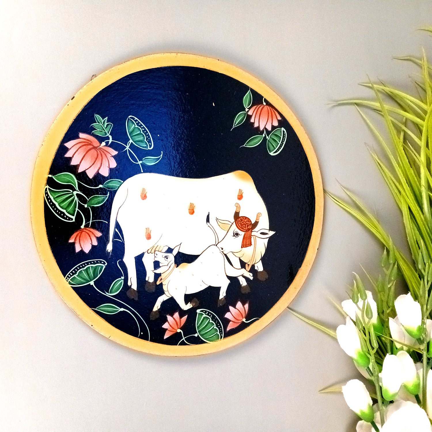 Wall Plate | Wooden Wall Hanging Plates - Pichwai Cow Wall Art - For Home Decor, Living Room, Bedroom, Office | Gift for Wedding, Housewarming - 10 Inch - Apkamart #Colour_Black
