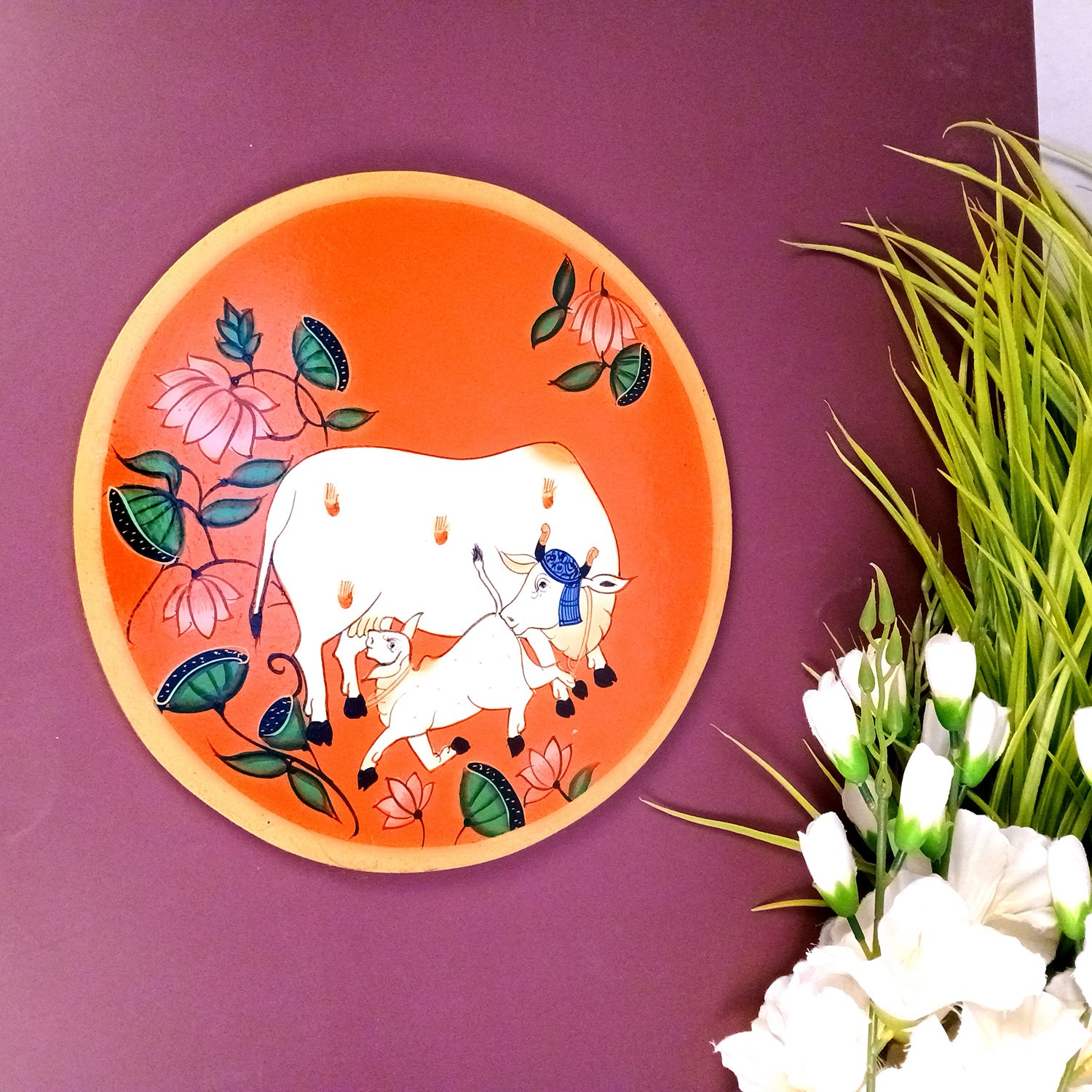 Wall Plate | Wooden Wall Hanging Plates - Pichwai Cow Wall Art - For Home Decor, Living Room, Bedroom, Office | Gift for Wedding, Housewarming - 10 Inch - Apkamart #Colour_Orange