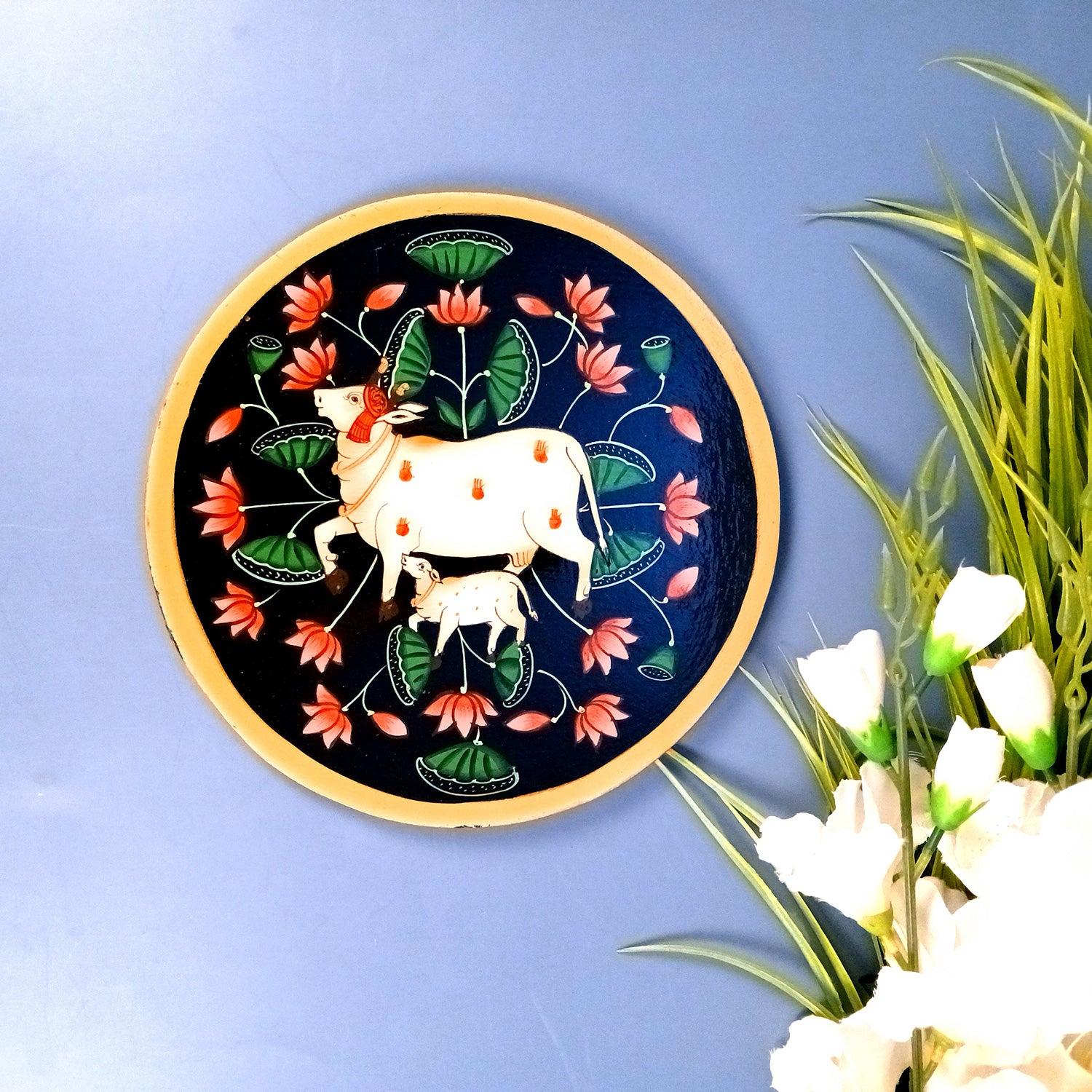 Wall Plate | Wooden Wall Hanging Plates - Pichwai Cow Wall Art - For Home Decor, Living Room, Bedroom, Office | Gift for Wedding, Housewarming & Festivals - 10 Inch - Apkamart #Colour_Black