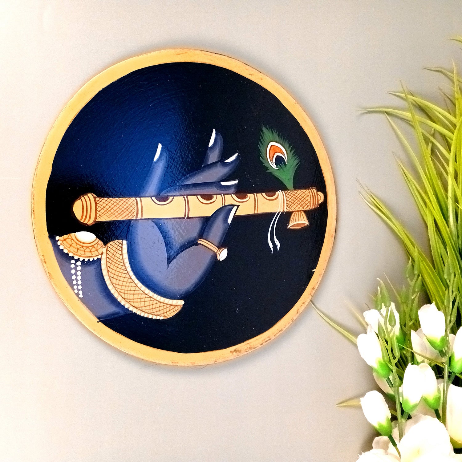 Wall Plate | Wooden Pichwai Wall Hanging Plates - Krishna Bansuri In Hand Wall Art - For Home Decor, Living Room, Office | Gift for Housewarming, Festivals - 10 Inch - Apkamart #Colour_Black