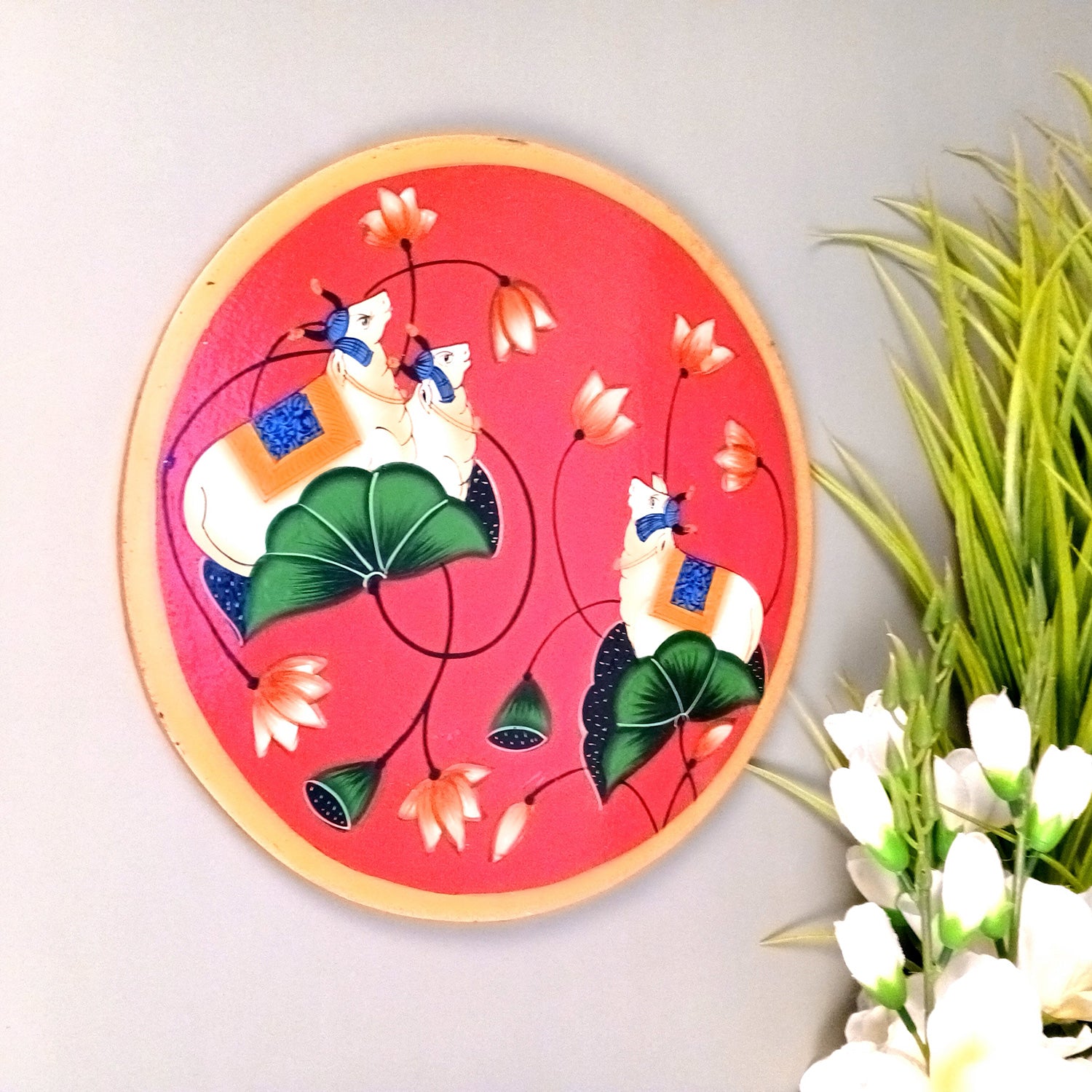 Wall Plate | Wooden Wall Hanging Plates - Pichwai Cow Wall Art - For Home Decor, Living Room, Bedroom, Office | Gift for Wedding, Housewarming, Festivals - 10 Inch - Apkamart #Colour_Red