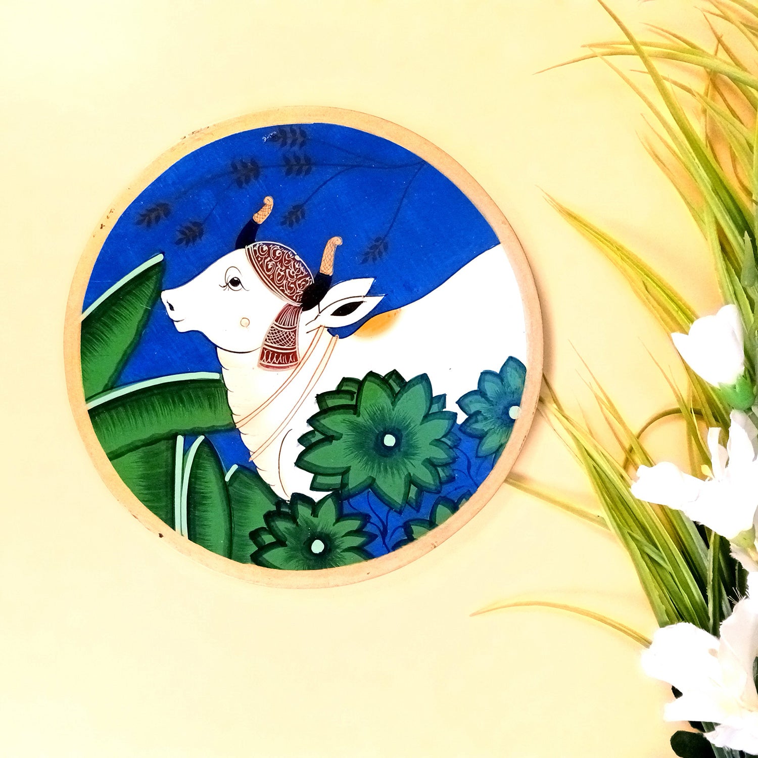 Wall Plate | Wooden Wall Hanging Plates - Pichwai Cow Wall Art - For Home Decor, Living Room, Office | Gift for Wedding, Housewarming, Festivals - 10 Inch - Apkamart #Colour_Blue