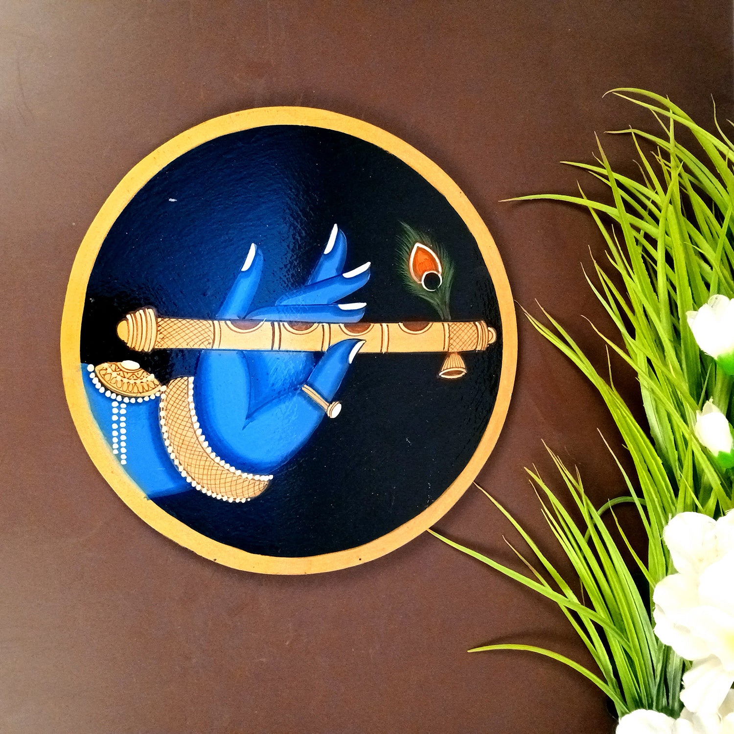 Wall Plate | Wooden Pichwai Wall Hanging Plates - Krishna Bansuri In Hand Wall Art - For Home Decor, Living Room, Office | Gift for Housewarming, Festivals - 10 Inch - Apkamart #Colour_Blue