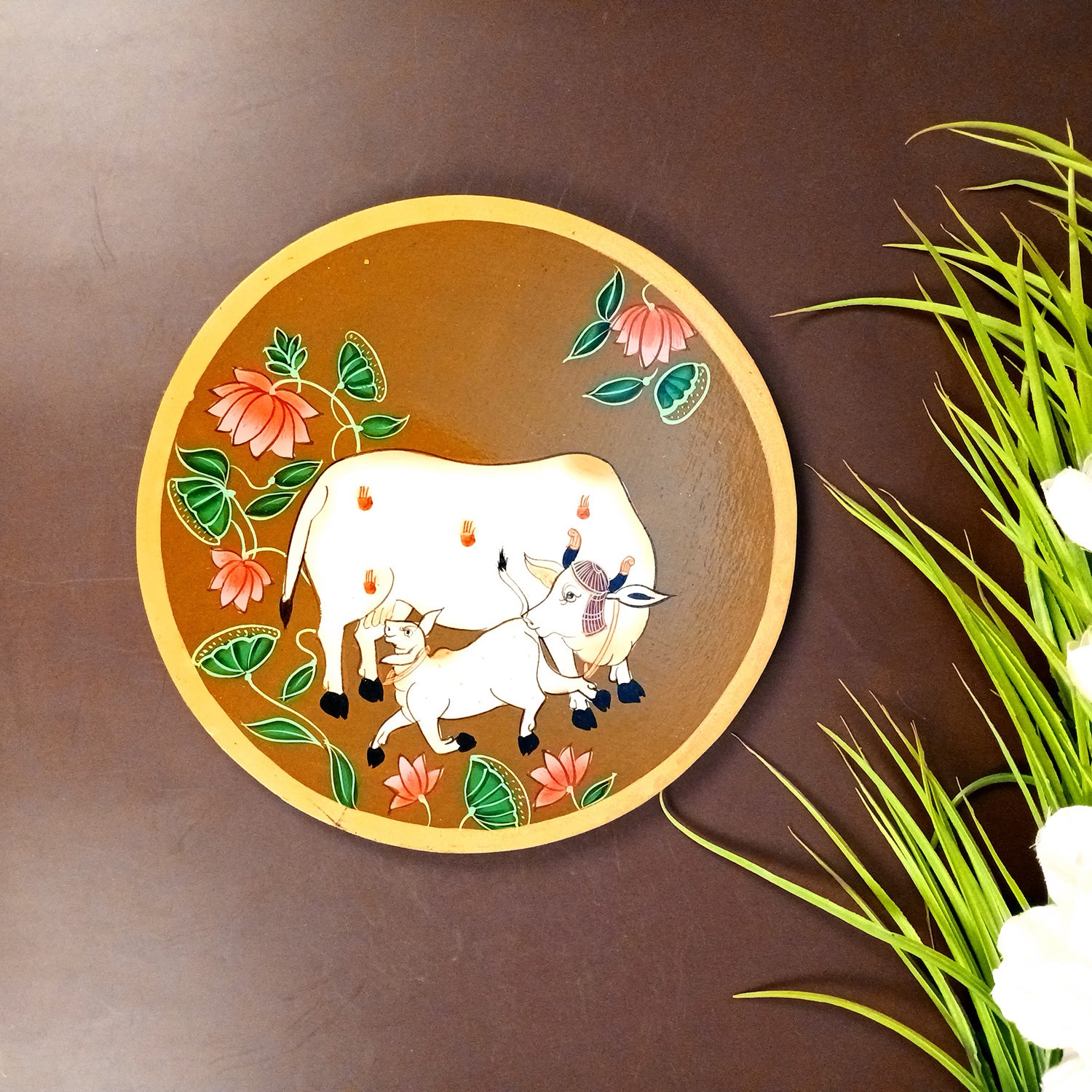 Wall Plate | Wooden Wall Hanging Plates - Pichwai Cow Wall Art - For Home Decor, Living Room, Bedroom, Office | Gift for Wedding, Housewarming - 10 Inch - Apkamart #Colour_Brown