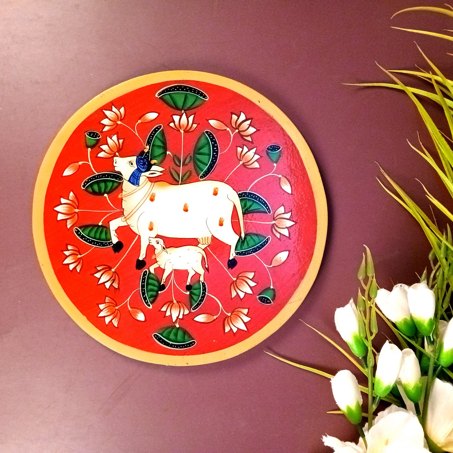 Wall Plate | Wooden Wall Hanging Plates - Pichwai Cow Wall Art - For Home Decor, Living Room, Bedroom, Office | Gift for Wedding, Housewarming & Festivals - 10 Inch - Apkamart #Colour_Red