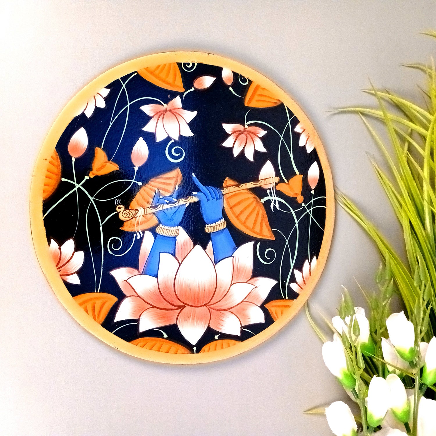 Wall Plate | Wooden Wall Hanging Plates - Lotus Design With Krishna Bansuri - For Home Decor, Living Room, Bedroom | Gift for Wedding, Housewarming - 10 Inch - Apkamart #Colour_Black