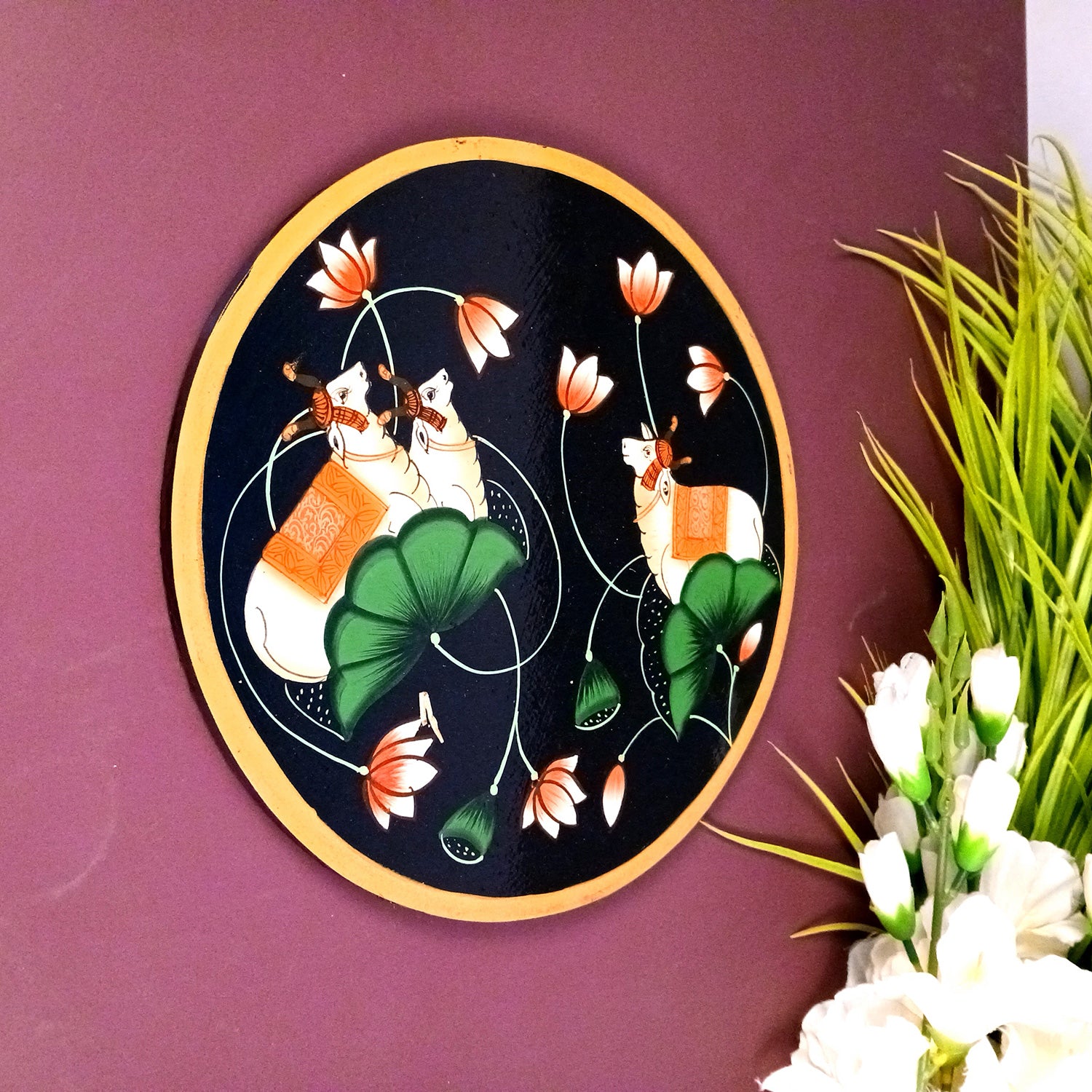 Wall Plate | Wooden Wall Hanging Plates - Pichwai Cow Wall Art - For Home Decor, Living Room, Bedroom, Office | Gift for Wedding, Housewarming, Festivals - 10 Inch - Apkamart #Colour_Blue