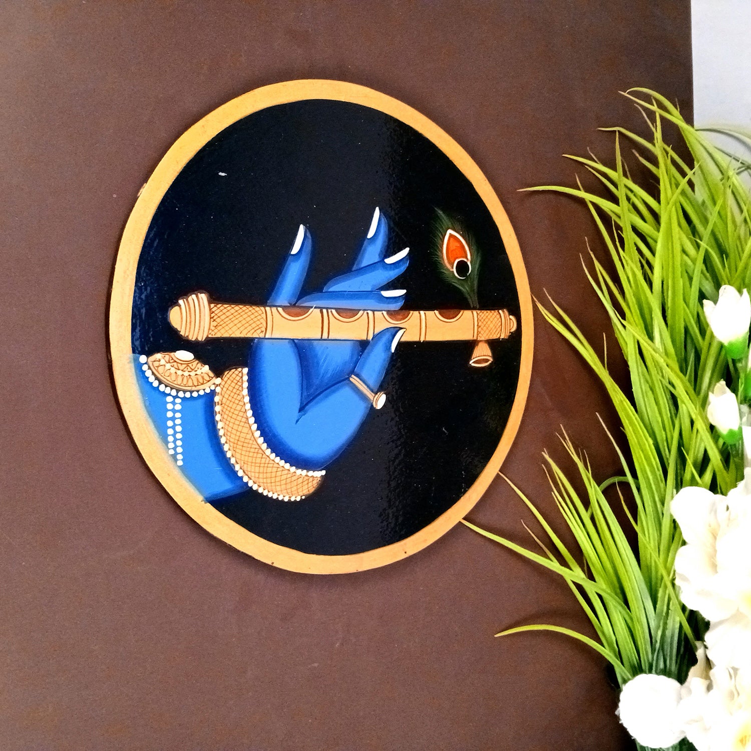 Wall Plate | Wooden Pichwai Wall Hanging Plates - Krishna Bansuri In Hand Wall Art - For Home Decor, Living Room, Office | Gift for Housewarming, Festivals - 10 Inch - Apkamart #Colour_Blue