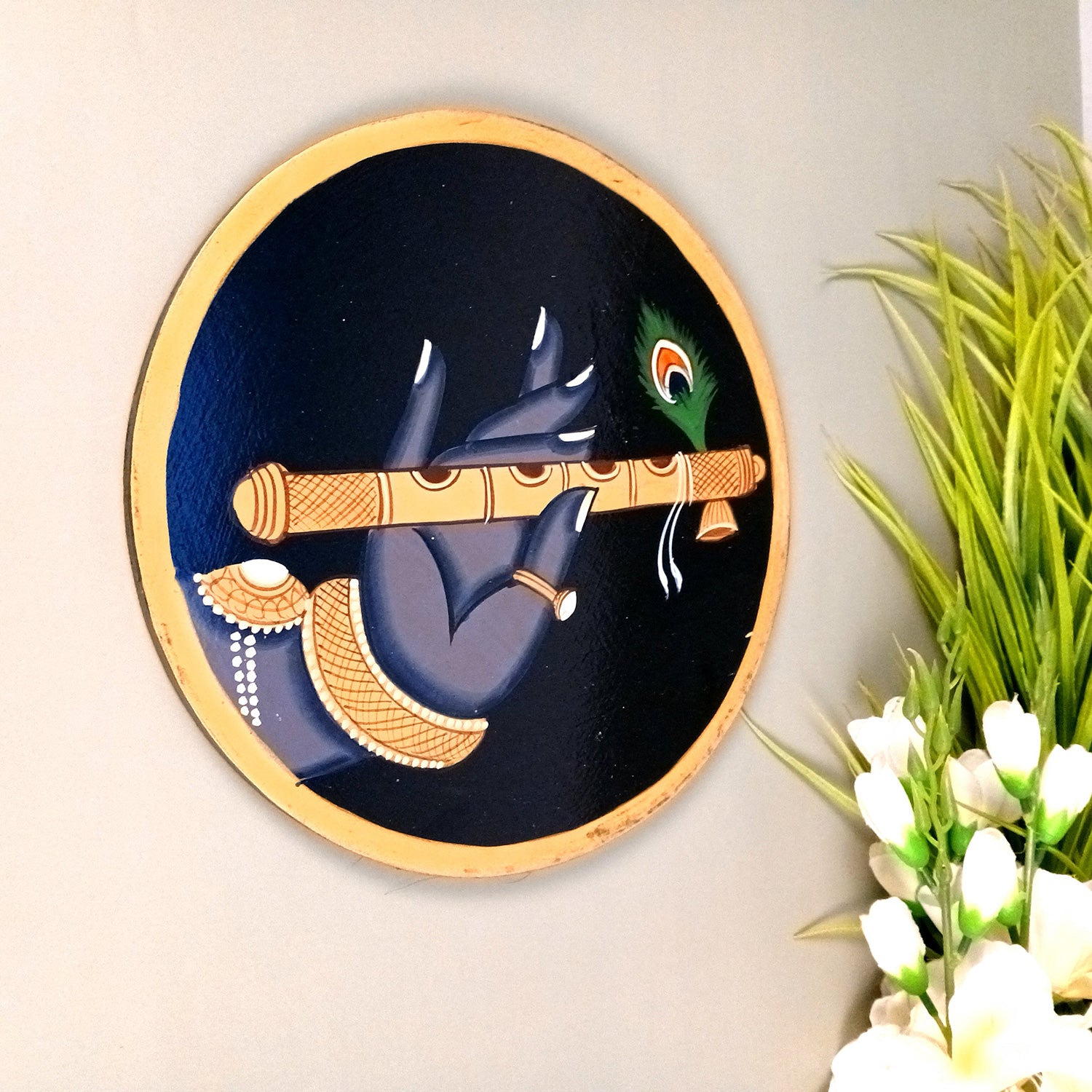 Wall Plate | Wooden Pichwai Wall Hanging Plates - Krishna Bansuri In Hand Wall Art - For Home Decor, Living Room, Office | Gift for Housewarming, Festivals - 10 Inch - Apkamart #Colour_Black