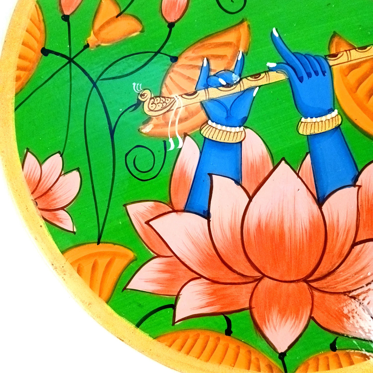Wall Plate | Wooden Wall Hanging Plates - Lotus Design With Krishna Bansuri - For Home Decor, Living Room, Bedroom | Gift for Wedding, Housewarming - 10 Inch - Apkamart #Colour_Green