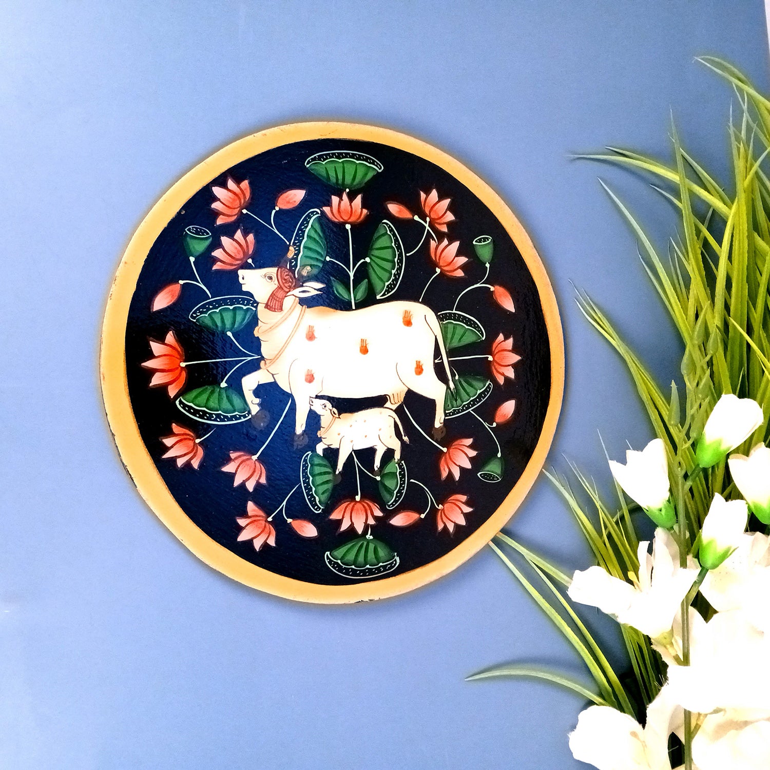 Wall Plate | Wooden Wall Hanging Plates - Pichwai Cow Wall Art - For Home Decor, Living Room, Bedroom, Office | Gift for Wedding, Housewarming & Festivals - 10 Inch - Apkamart #Colour_Black