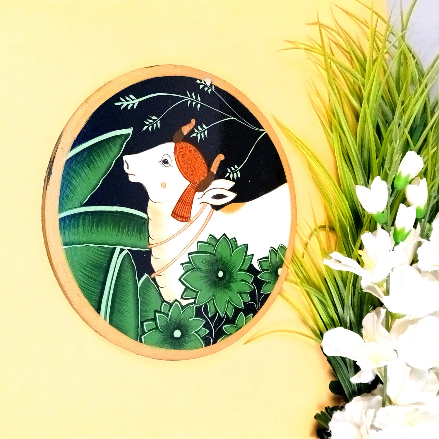 Wall Plate | Wooden Wall Hanging Plates - Pichwai Cow Wall Art - For Home Decor, Living Room, Office | Gift for Wedding, Housewarming, Festivals - 10 Inch - Apkamart #Colour_Black