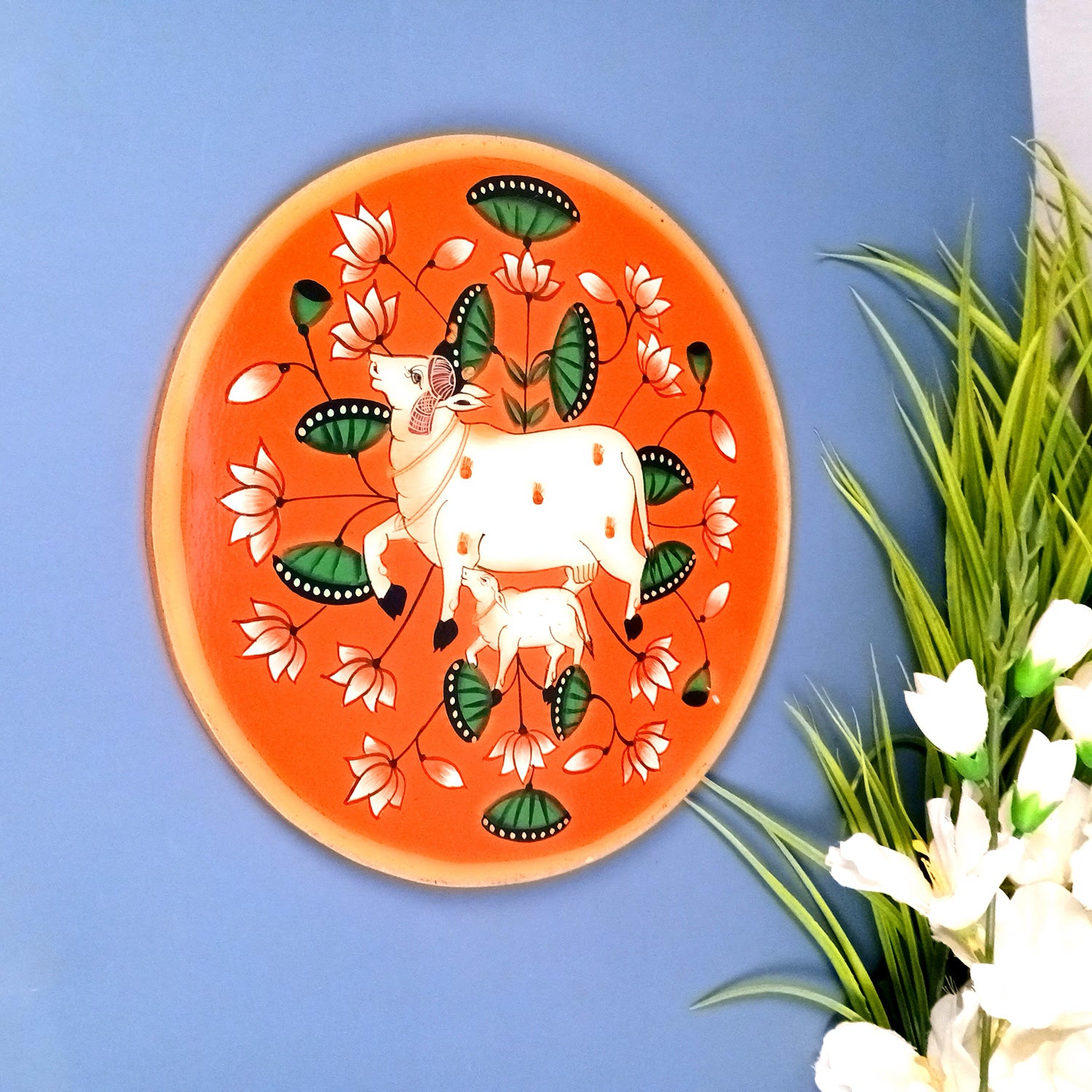 Wall Plate | Wooden Wall Hanging Plates - Pichwai Cow Wall Art - For Home Decor, Living Room, Bedroom, Office | Gift for Wedding, Housewarming & Festivals - 10 Inch - Apkamart #Colour_Orange