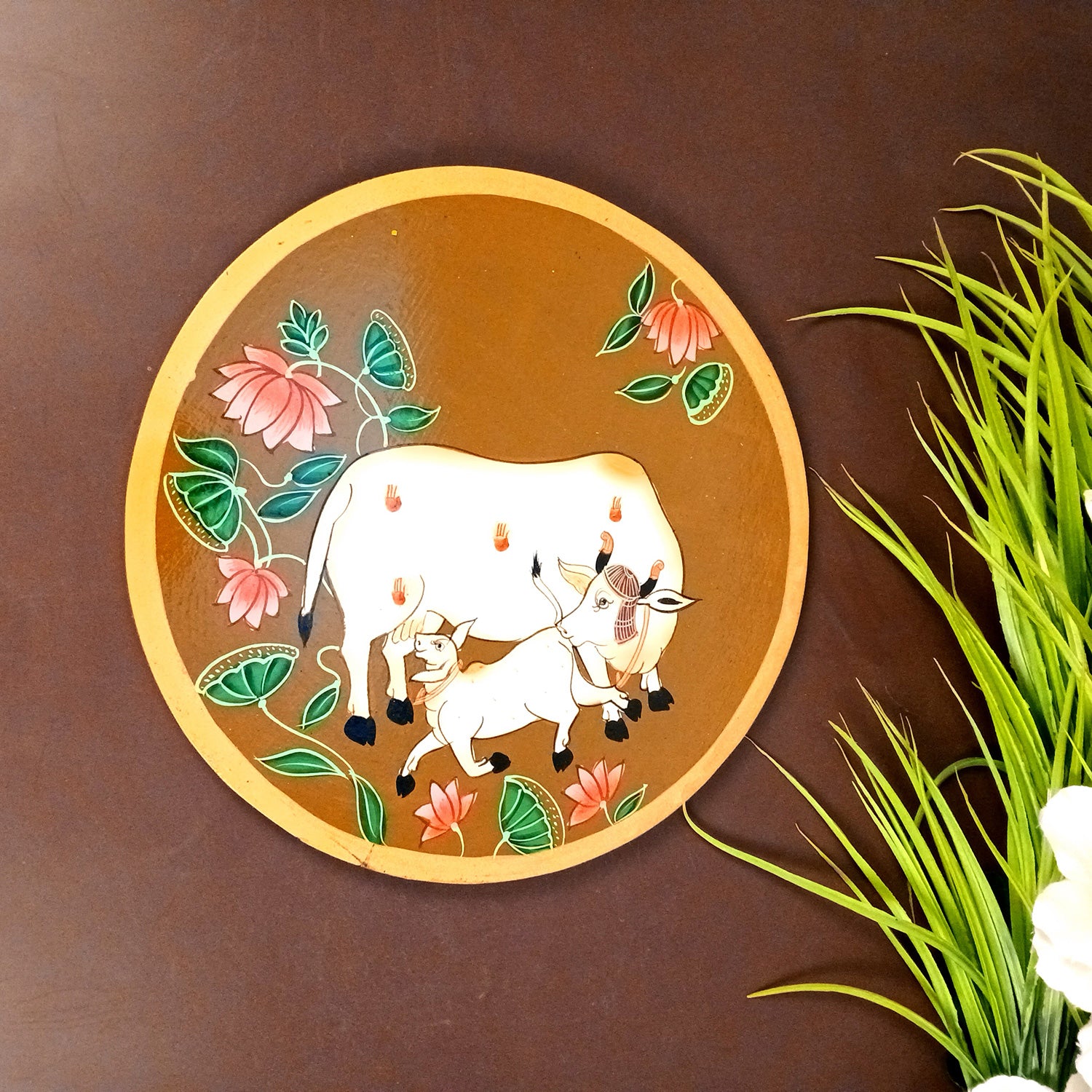 Wall Plate | Wooden Wall Hanging Plates - Pichwai Cow Wall Art - For Home Decor, Living Room, Bedroom, Office | Gift for Wedding, Housewarming - 10 Inch - Apkamart #Colour_Brown