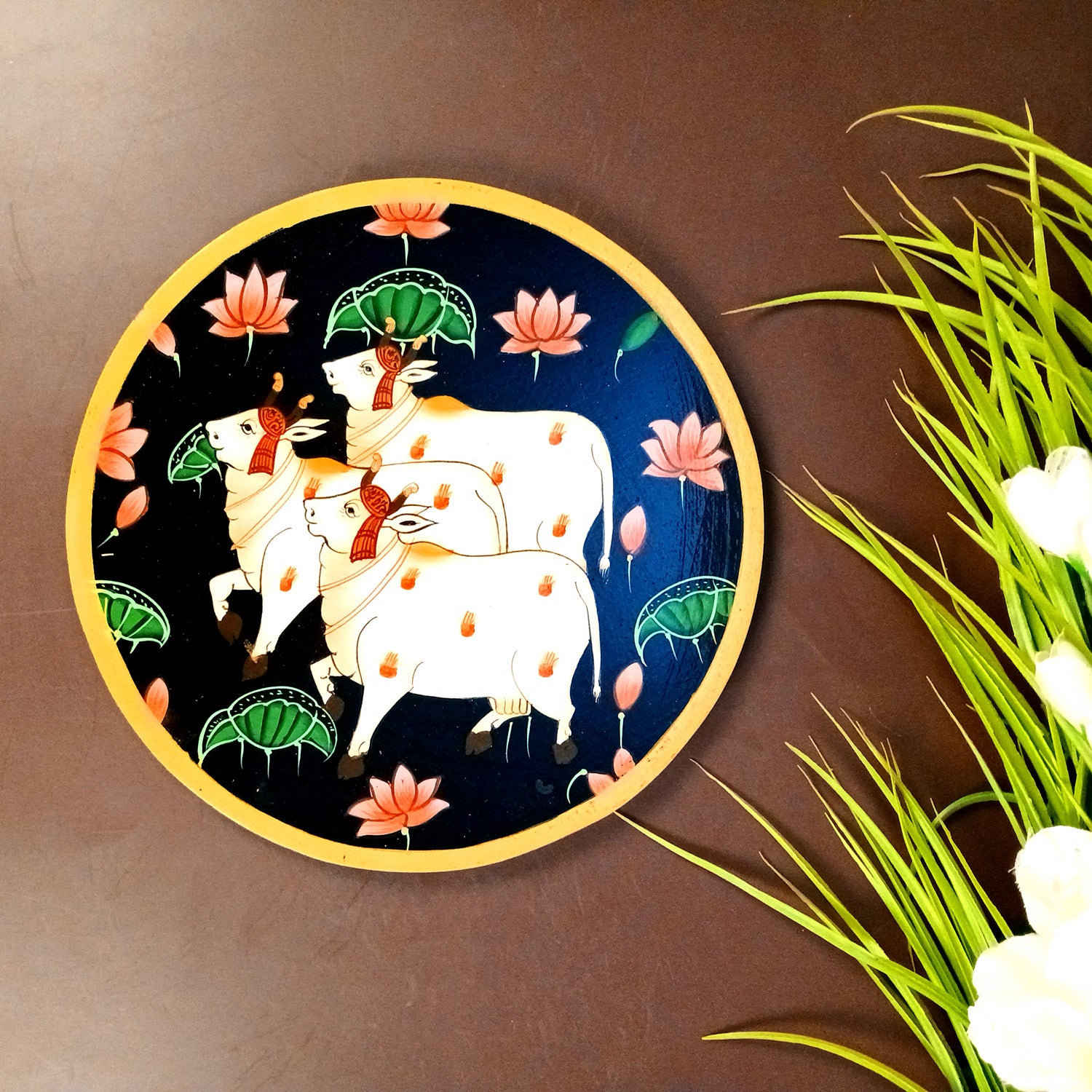 Wall Plate | Wooden Wall Hanging Plates - Pichwai Cow Wall Art - For Home Decor, Living Room, Bedroom | Gift for Wedding, Housewarming, Festivals - 10 Inch - Apkamart #Colour_Black