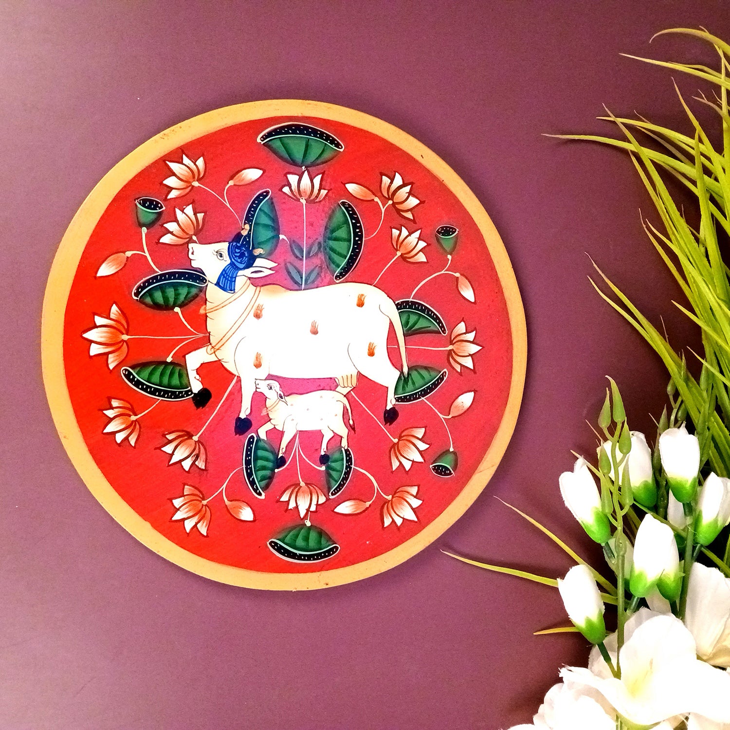 Wall Plate | Wooden Wall Hanging Plates - Pichwai Cow Wall Art - For Home Decor, Living Room, Bedroom, Office | Gift for Wedding, Housewarming & Festivals - 10 Inch - Apkamart #Colour_Red