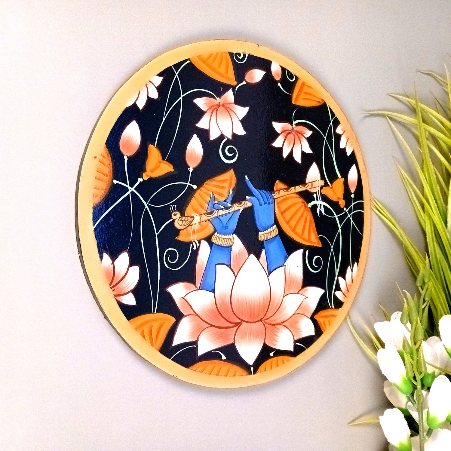 Wall Plate | Wooden Wall Hanging Plates - Lotus Design With Krishna Bansuri - For Home Decor, Living Room, Bedroom | Gift for Wedding, Housewarming - 10 Inch - Apkamart #Colour_Black