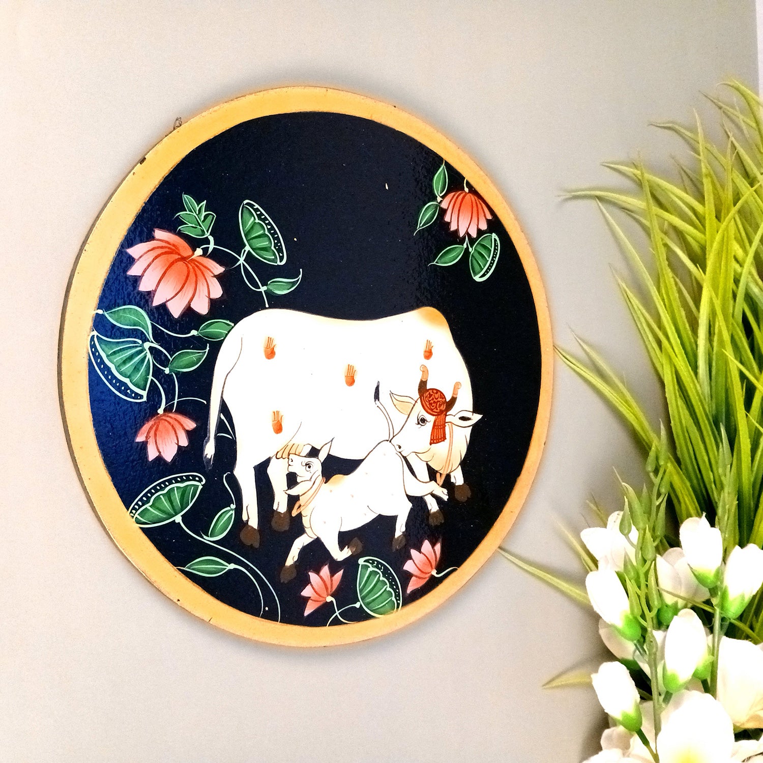 Wall Plate | Wooden Wall Hanging Plates - Pichwai Cow Wall Art - For Home Decor, Living Room, Bedroom, Office | Gift for Wedding, Housewarming - 10 Inch - Apkamart #Colour_Black