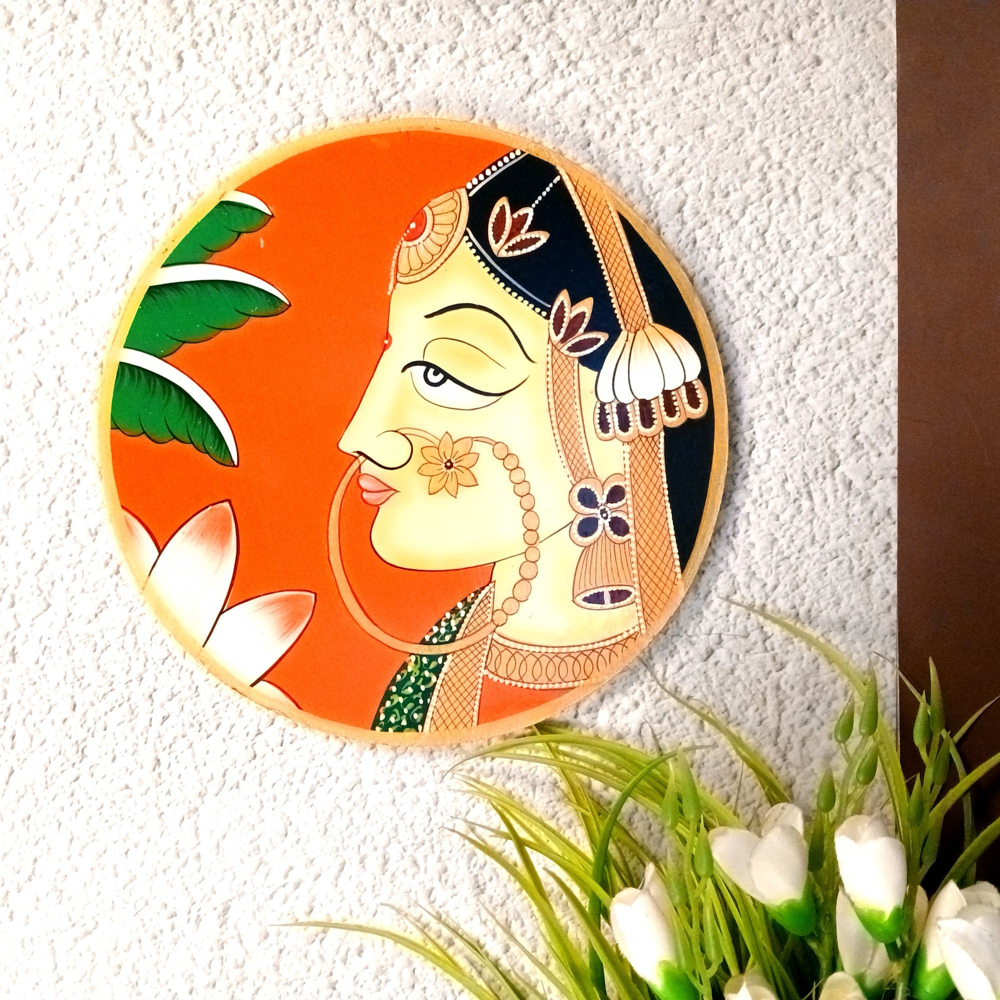 Wooden Wall Plate Wall Hanging – Decorative Plate with Lady Face Design | Handcrafted Wooden Wall Art for Home Decor, Living Room & Gifting - 10 Inch - Apkamart