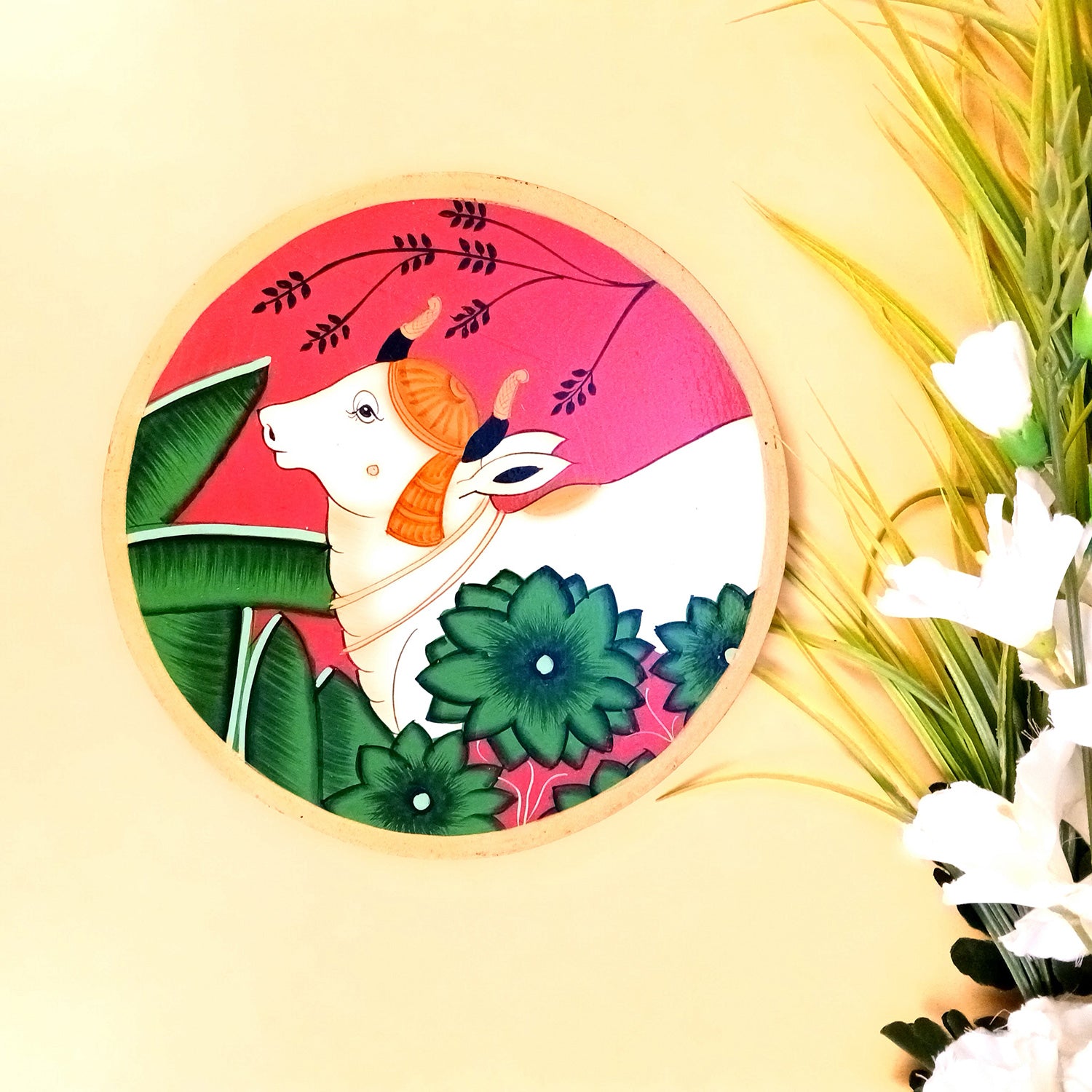 Wall Plate | Wooden Wall Hanging Plates - Pichwai Cow Wall Art - For Home Decor, Living Room, Office | Gift for Wedding, Housewarming, Festivals - 10 Inch - Apkamart #Colour_Red