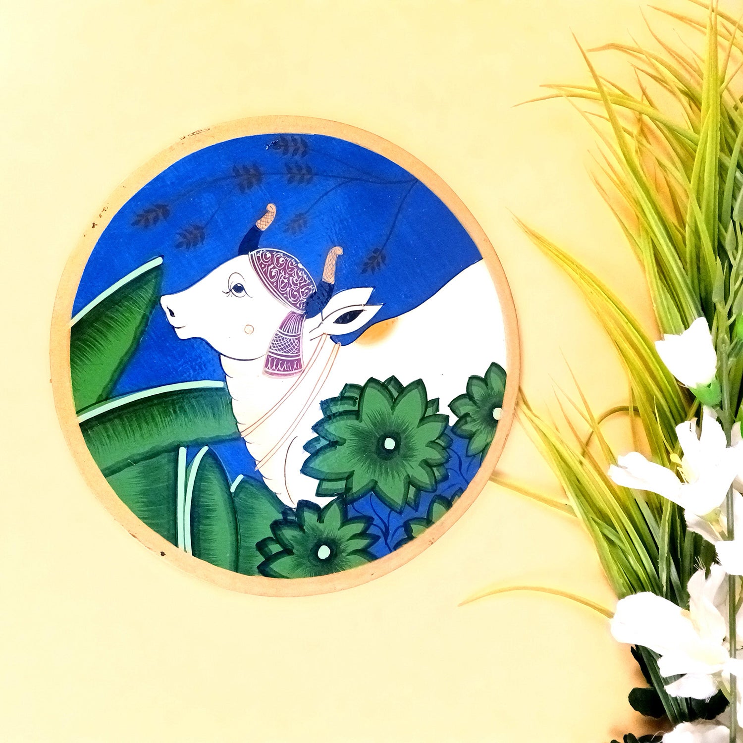 Wall Plate | Wooden Wall Hanging Plates - Pichwai Cow Wall Art - For Home Decor, Living Room, Office | Gift for Wedding, Housewarming, Festivals - 10 Inch - Apkamart #Colour_Blue