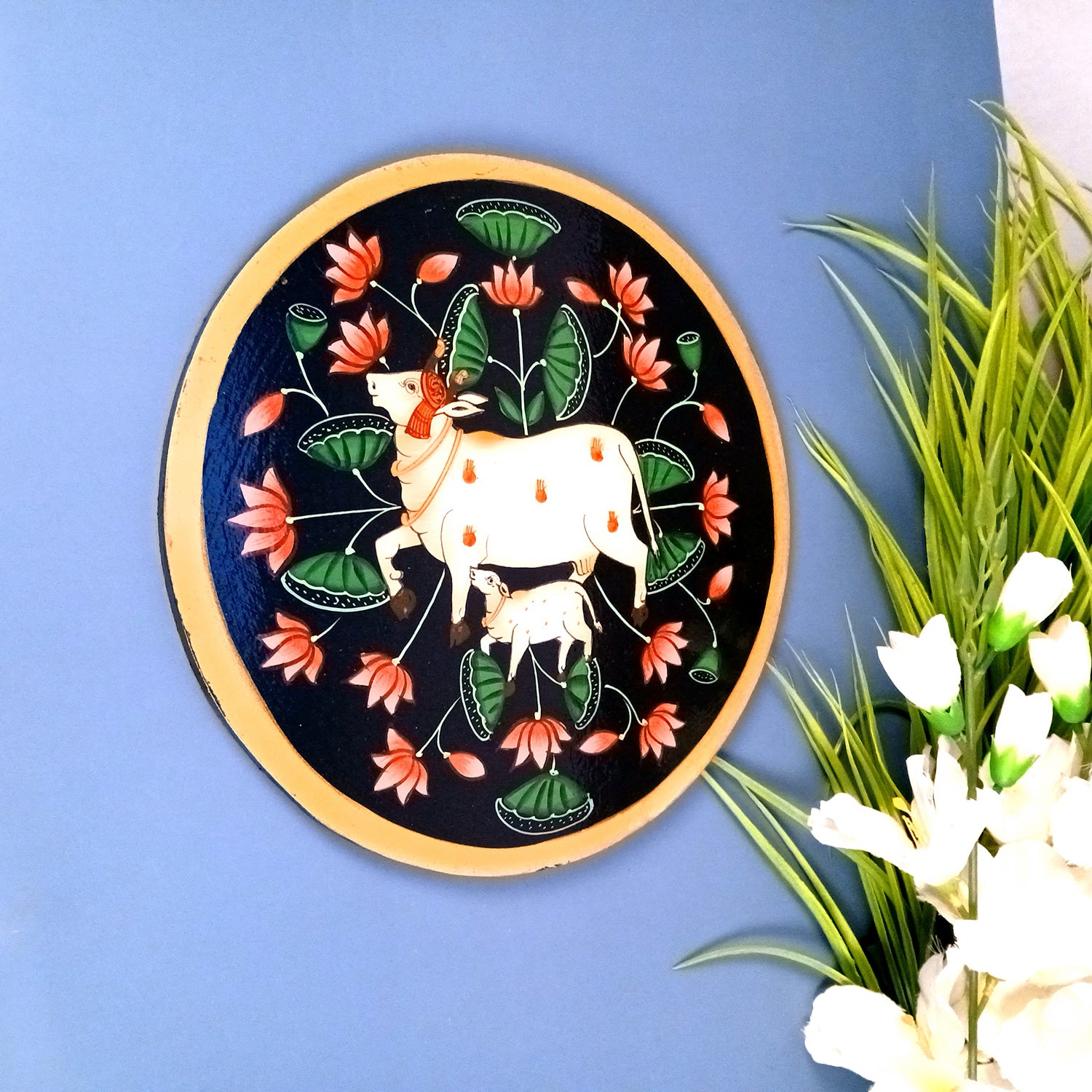 Wall Plate | Wooden Wall Hanging Plates - Pichwai Cow Wall Art - For Home Decor, Living Room, Bedroom, Office | Gift for Wedding, Housewarming & Festivals - 10 Inch - Apkamart #Colour_Black