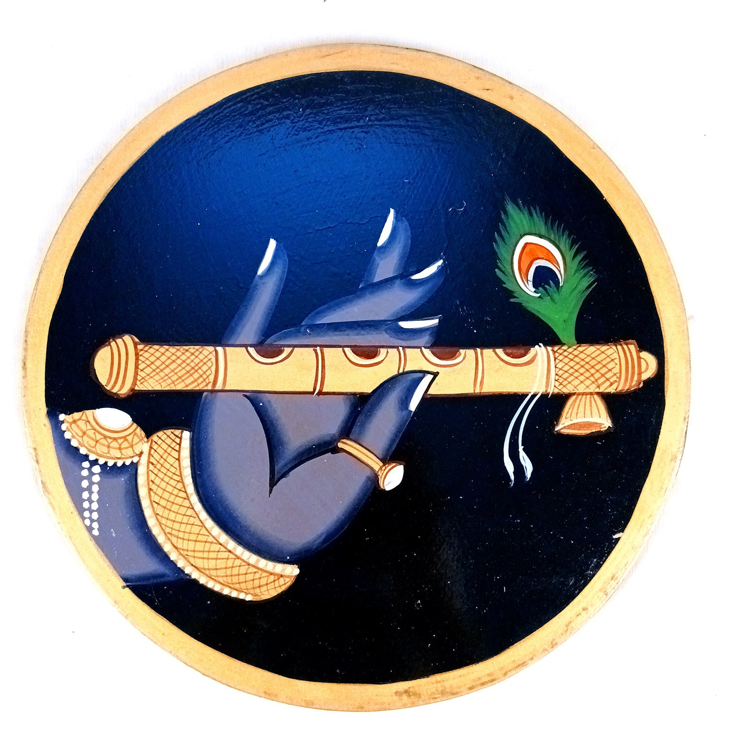 Wall Plate | Wooden Pichwai Wall Hanging Plates - Krishna Bansuri In Hand Wall Art - For Home Decor, Living Room, Office | Gift for Housewarming, Festivals - 10 Inch - Apkamart #Colour_Black
