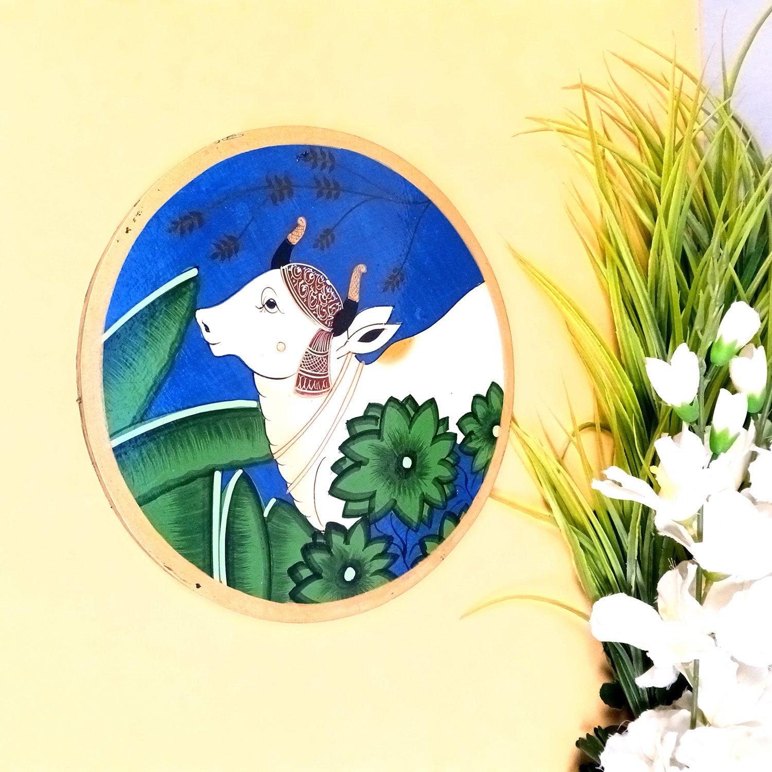Wall Plate | Wooden Wall Hanging Plates - Pichwai Cow Wall Art - For Home Decor, Living Room, Office | Gift for Wedding, Housewarming, Festivals - 10 Inch - Apkamart #Colour_Blue