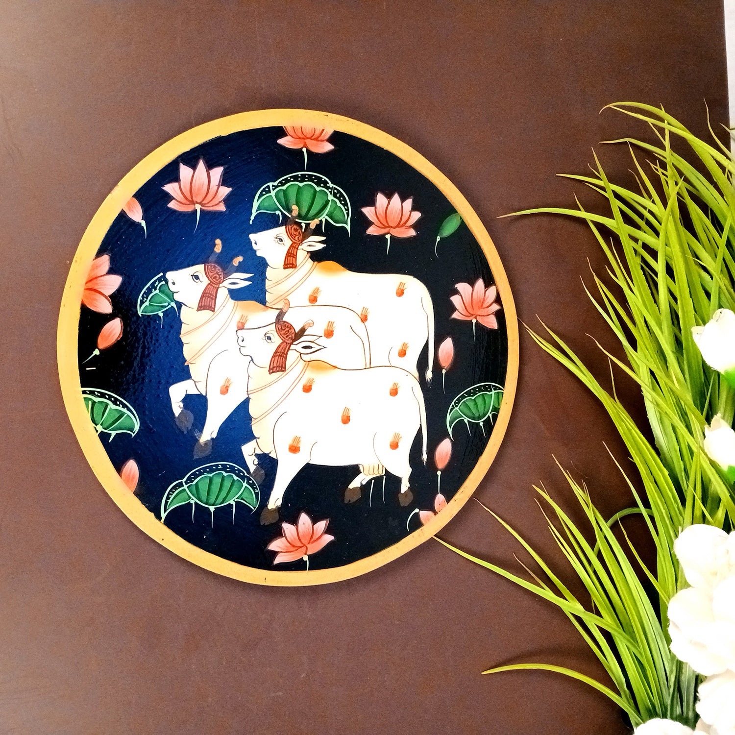 Wall Plate | Wooden Wall Hanging Plates - Pichwai Cow Wall Art - For Home Decor, Living Room, Bedroom | Gift for Wedding, Housewarming, Festivals - 10 Inch - Apkamart #Colour_Black