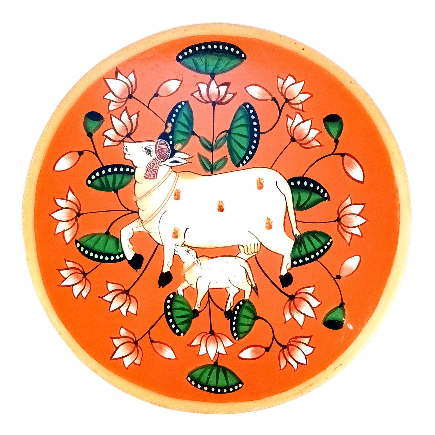 Wall Plate | Wooden Wall Hanging Plates - Pichwai Cow Wall Art - For Home Decor, Living Room, Bedroom, Office | Gift for Wedding, Housewarming & Festivals - 10 Inch - Apkamart #Colour_Orange