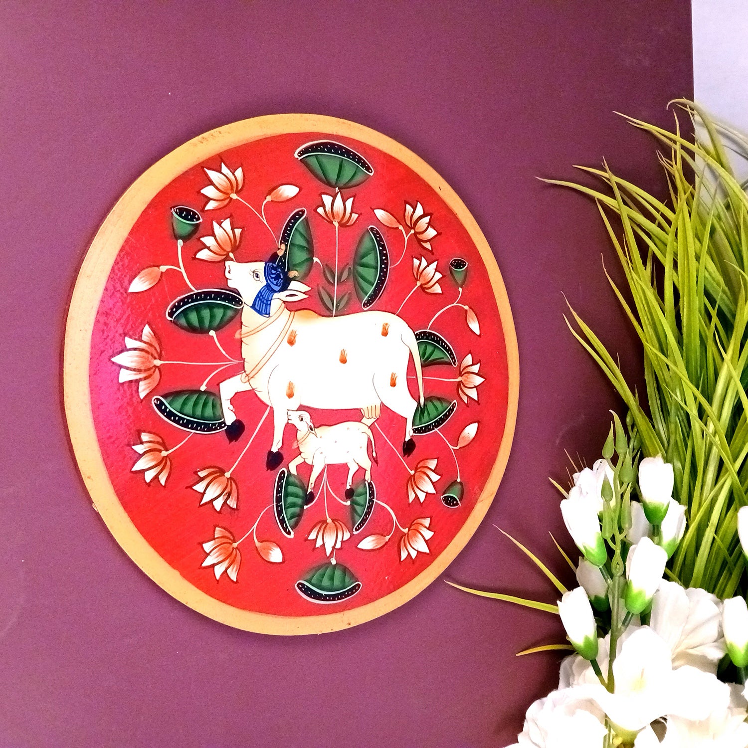 Wall Plate | Wooden Wall Hanging Plates - Pichwai Cow Wall Art - For Home Decor, Living Room, Bedroom, Office | Gift for Wedding, Housewarming & Festivals - 10 Inch - Apkamart #Colour_Red