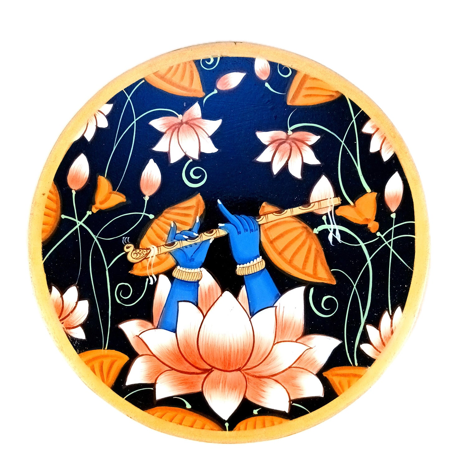 Wall Plate | Wooden Wall Hanging Plates - Lotus Design With Krishna Bansuri - For Home Decor, Living Room, Bedroom | Gift for Wedding, Housewarming - 10 Inch - Apkamart #Colour_Black