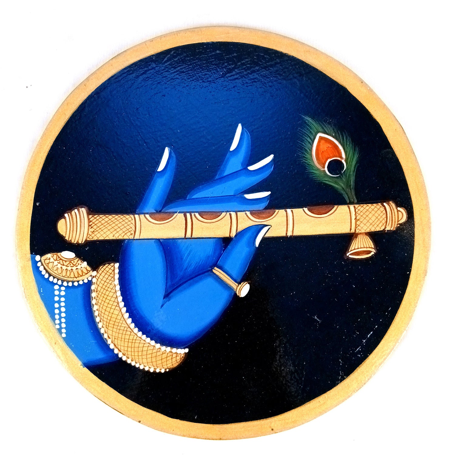 Wall Plate | Wooden Pichwai Wall Hanging Plates - Krishna Bansuri In Hand Wall Art - For Home Decor, Living Room, Office | Gift for Housewarming, Festivals - 10 Inch - Apkamart #Colour_Blue