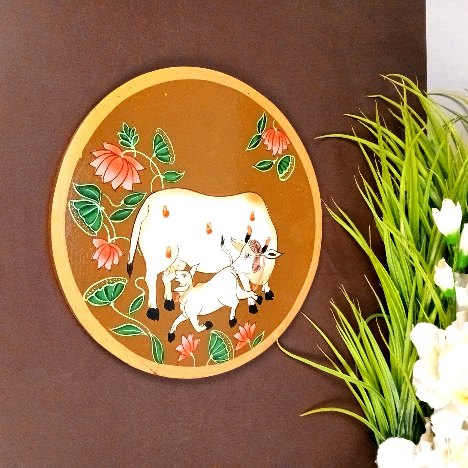 Wall Plate | Wooden Wall Hanging Plates - Pichwai Cow Wall Art - For Home Decor, Living Room, Bedroom, Office | Gift for Wedding, Housewarming - 10 Inch - Apkamart #Colour_Brown