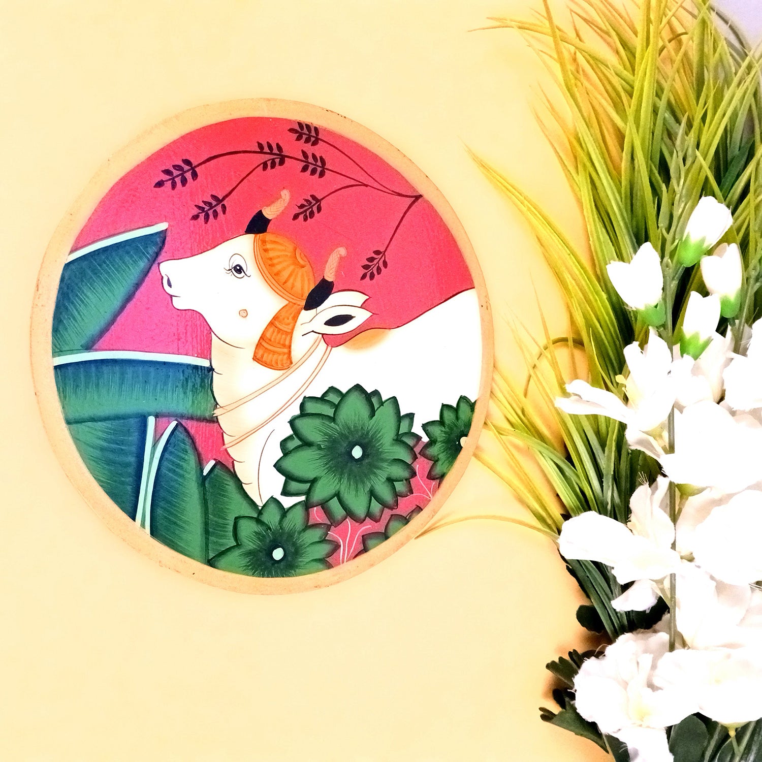 Wall Plate | Wooden Wall Hanging Plates - Pichwai Cow Wall Art - For Home Decor, Living Room, Office | Gift for Wedding, Housewarming, Festivals - 10 Inch - Apkamart #Colour_Red