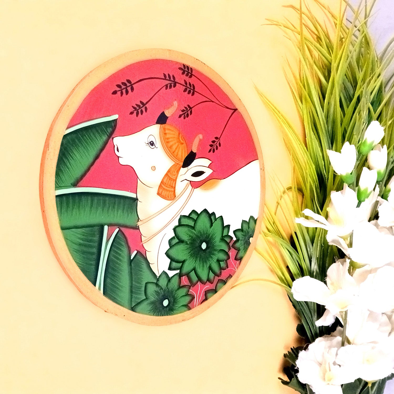 Wall Plate | Wooden Wall Hanging Plates - Pichwai Cow Wall Art - For Home Decor, Living Room, Office | Gift for Wedding, Housewarming, Festivals - 10 Inch - Apkamart #Colour_Red