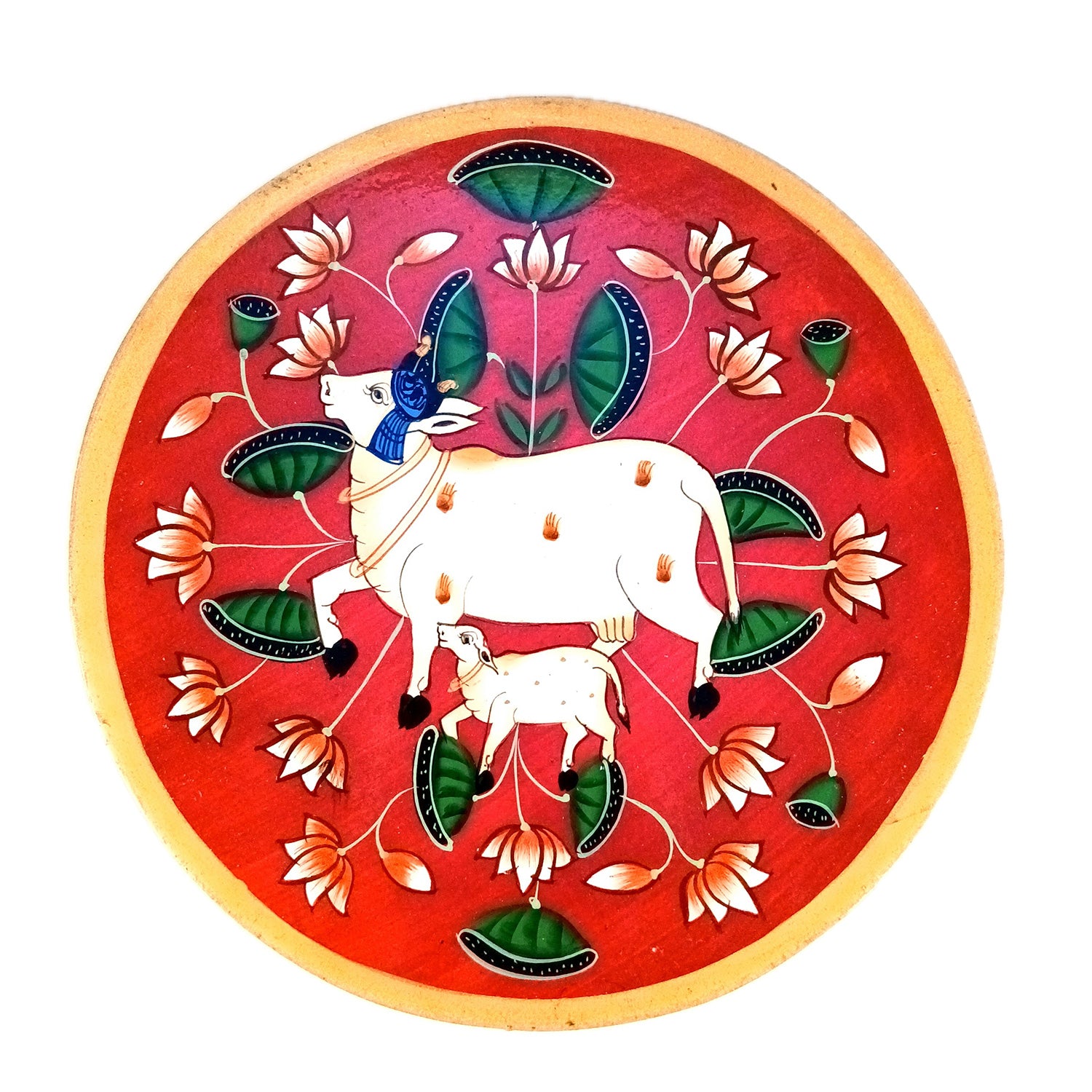Wall Plate | Wooden Wall Hanging Plates - Pichwai Cow Wall Art - For Home Decor, Living Room, Bedroom, Office | Gift for Wedding, Housewarming & Festivals - 10 Inch - Apkamart #Colour_Red